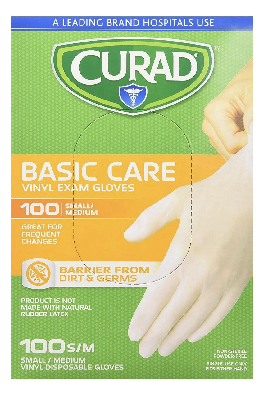 CURAD Basic Care Vinyl Exam Gloves, Size Small & Medium/ 100 Gloves New Box