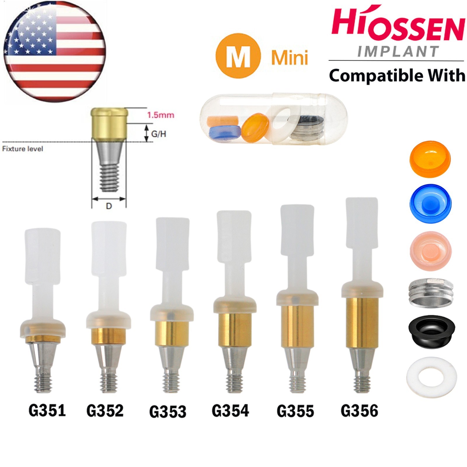 US Fits Hiossen Osstem Overdenture Locator Abutment Regular Mini & Male Caps Kit