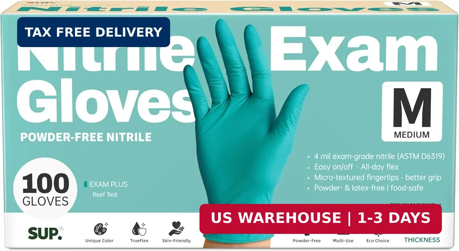 SUP Powder-Free Nitrile Gloves, 100 Count Food Safe Latex-Free Disposable Gloves