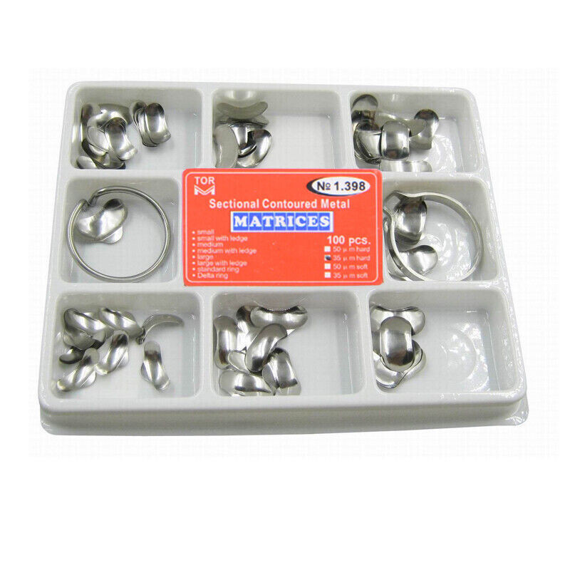 5 Boxes Dental Sectional Contoured Matrices Metal Matrix Kit 35 μm Hard +2 Rings