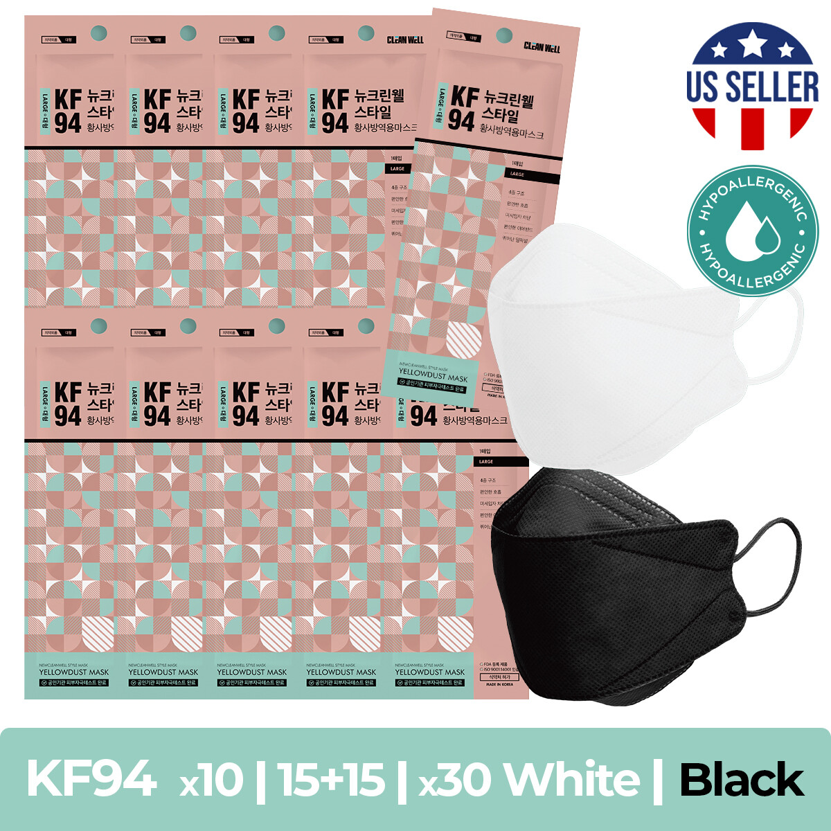 CLEANWELL KF94 4 Layer Disposable Face Masks White and Black Large Made in Korea
