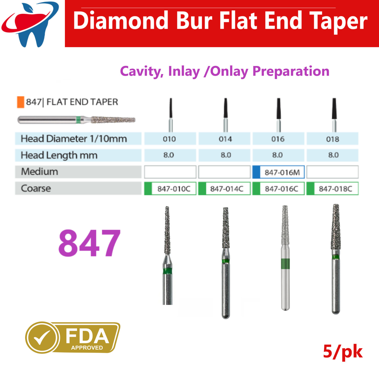 Dental Burs Diamond FG High Speed Flat End Taper Bur 847, 848 Coarse Cavity Prep