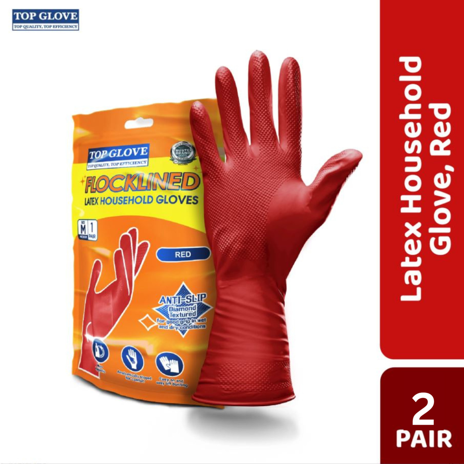 Top Glove Reusable Latex Household Glove for Dishwashing/ Multipurpose Use, Red