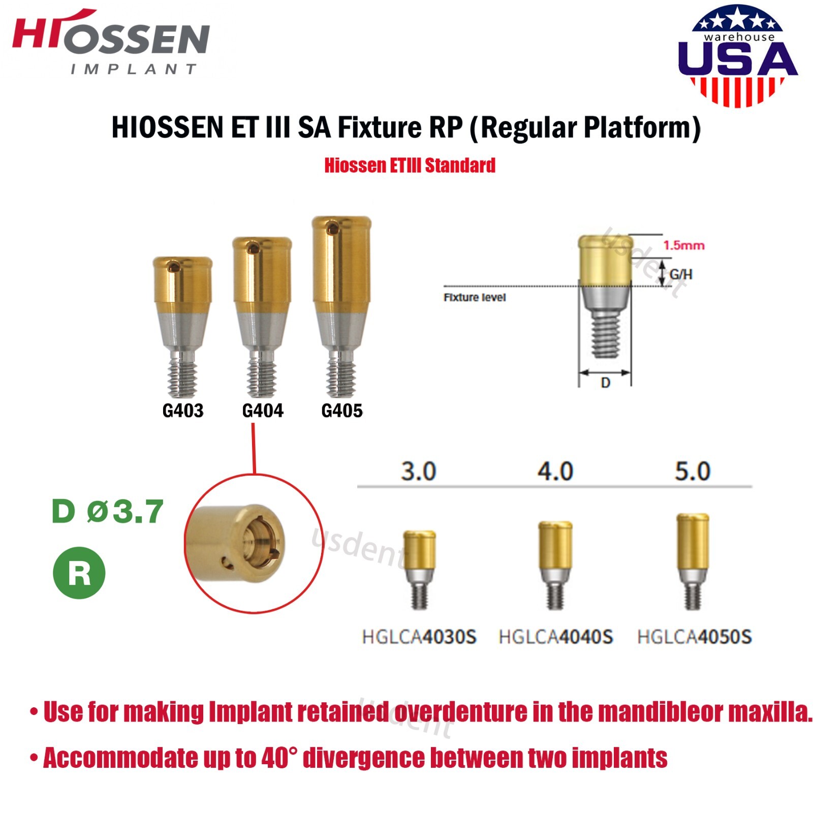 Hiossen ET Locator Overdenture Abutment Male Cap fit Osstem Mini/Regular Dio 3.7