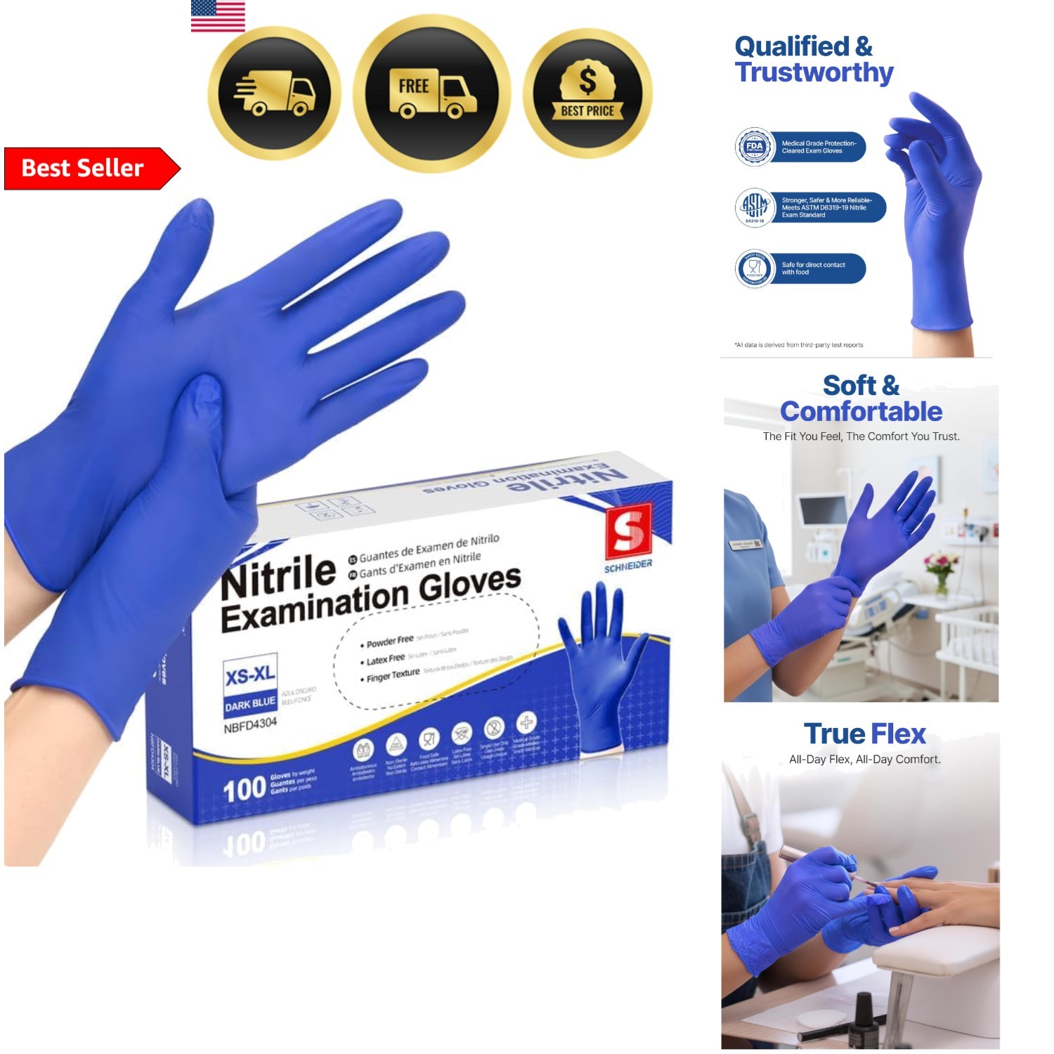 Nitrile Exam Gloves Disposable Powder Free Food Safe Household Gloves Blue