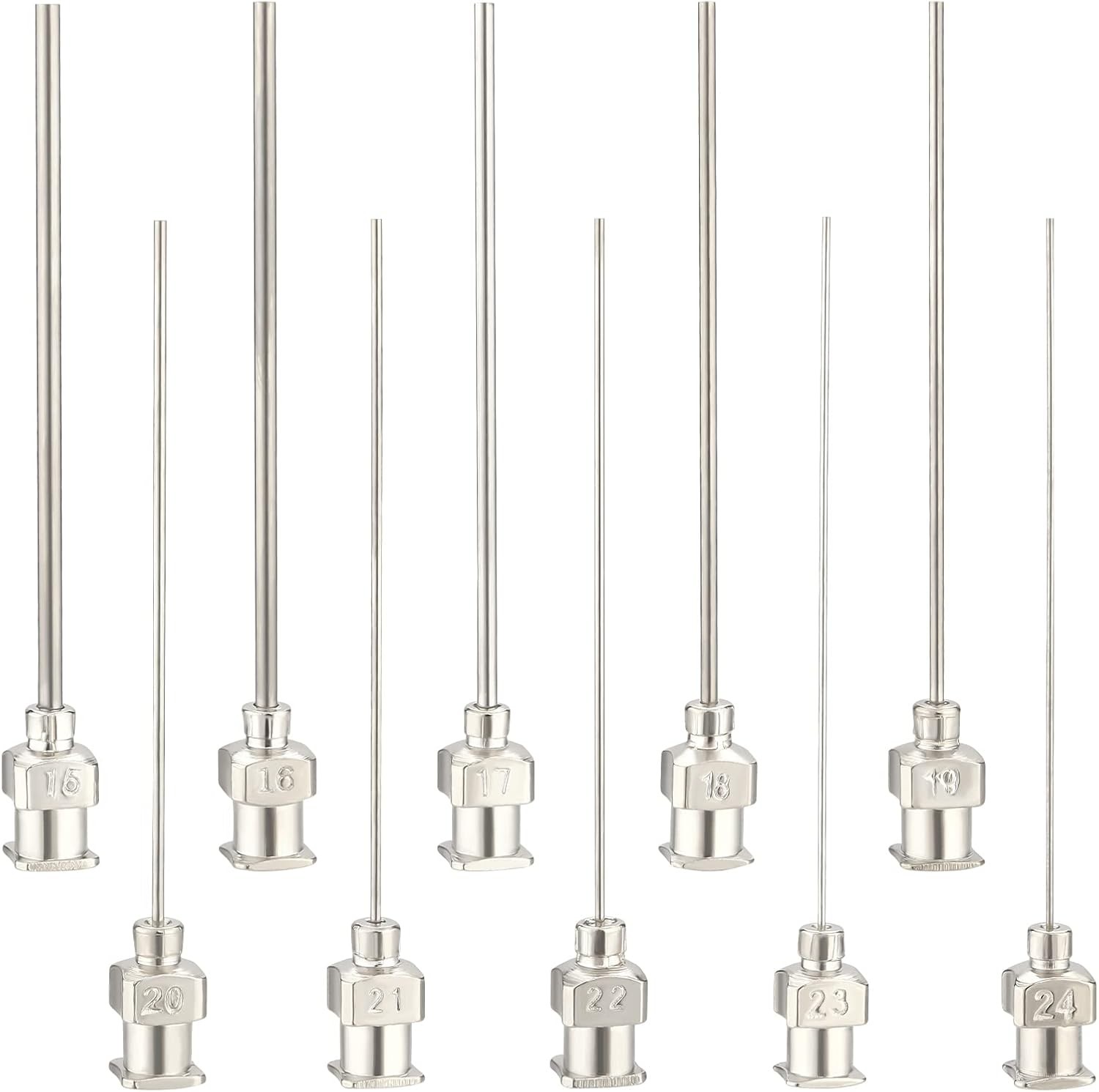 16pc Stainless Steel Dispensing Tips – 1.5″ Blunt Luer Lock 10G to 24G Variety