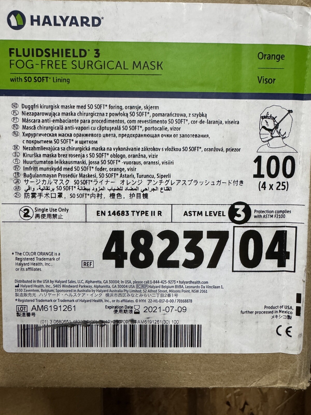 *1 Case = 100 Pieces* Halyard FLUIDSHIELD Level 3 Surgical Mask w/Visor 48237