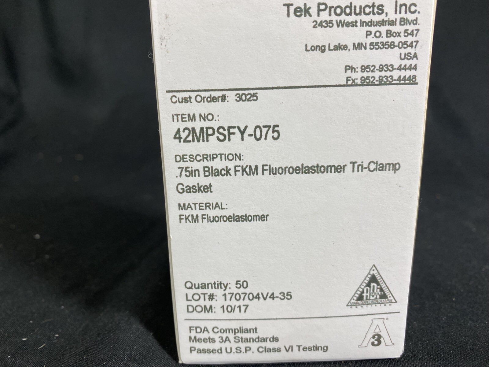 TEK PRODUCTS .75″ Black FKM Fluoroelastomer Tri-Clamp Gasket 42MPSFY-075 (50/pk)