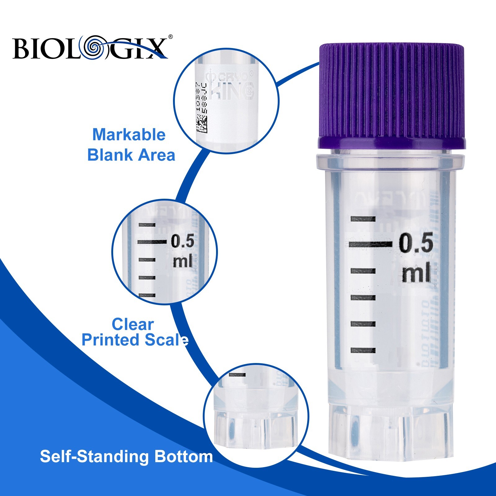 Cryogenic Vials with Side Bardcode-0.5 ml, External, 25/Bag, 500/Pk, 1000/Case