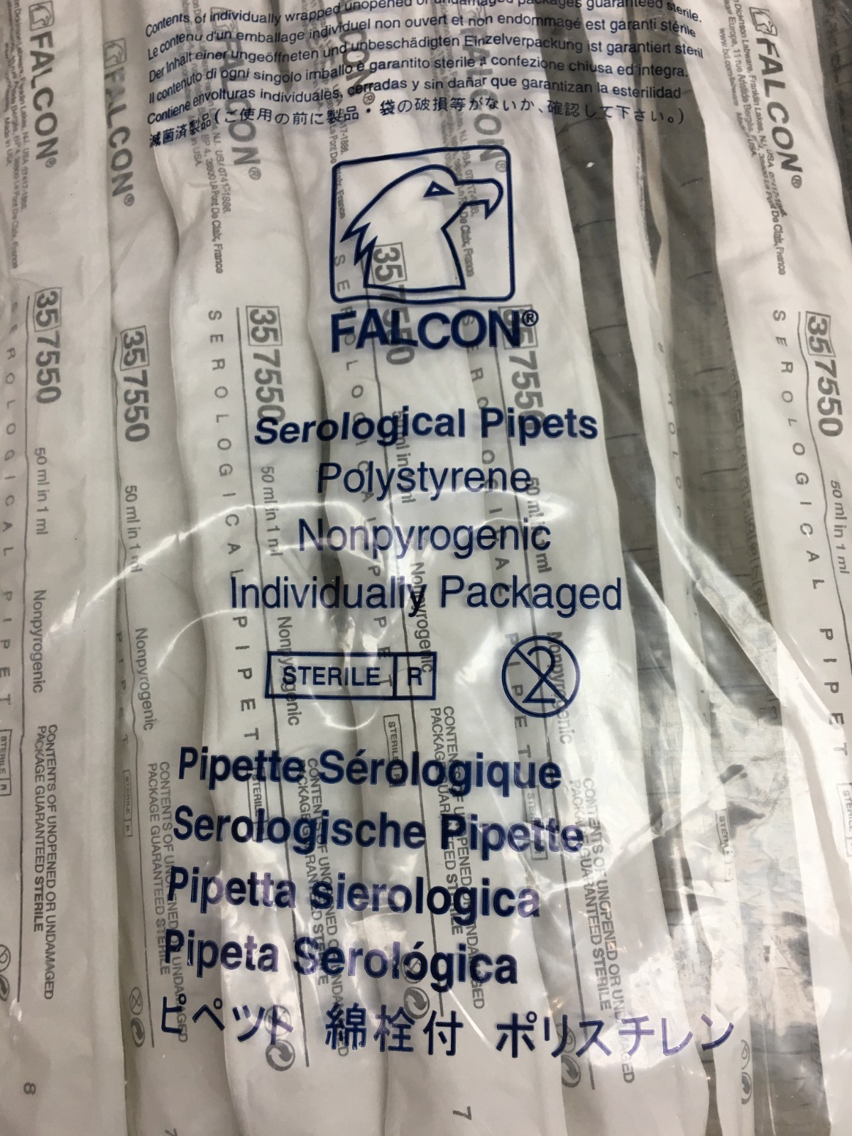 Corning Falcon REF 357550 Serological Pipet 1.0 Increments 50mL Lot 25 PCS
