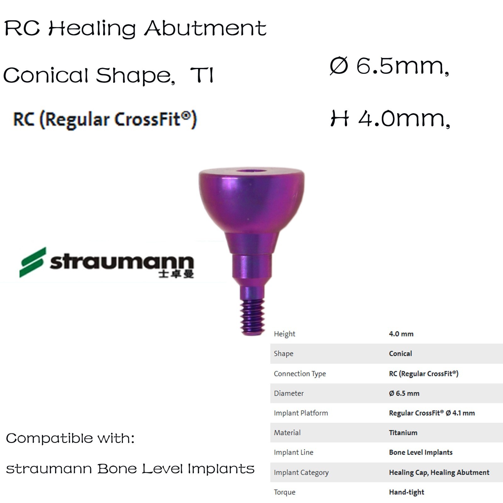 Straumann Compatible BL(T) RC Ti Healing Cap Abutment Conical Shape Φ6.5/H4.0mm