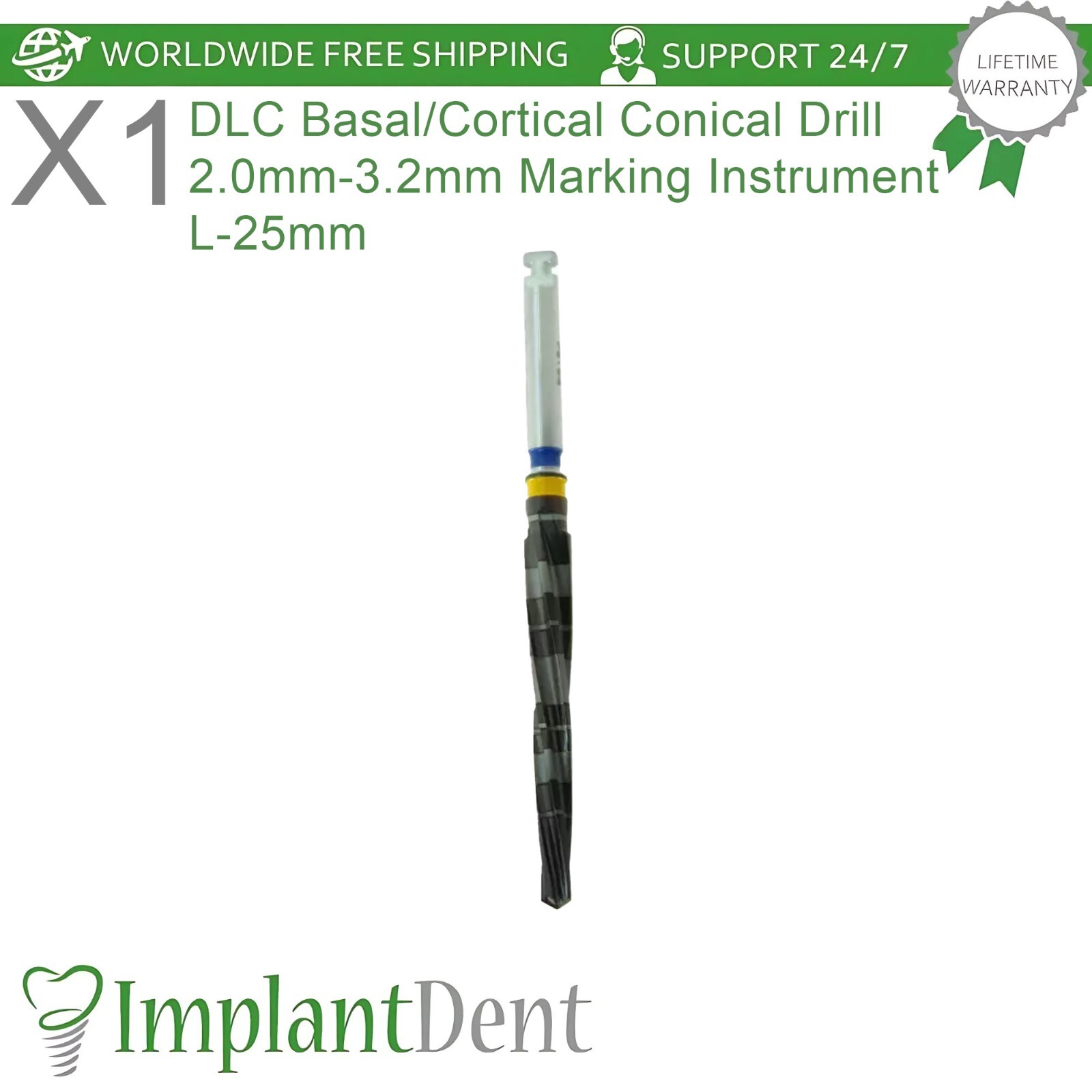 1x DLC Basal/Cortical Conical Drill 2mm – 3.2mm Marking Instrument Dental 25mm