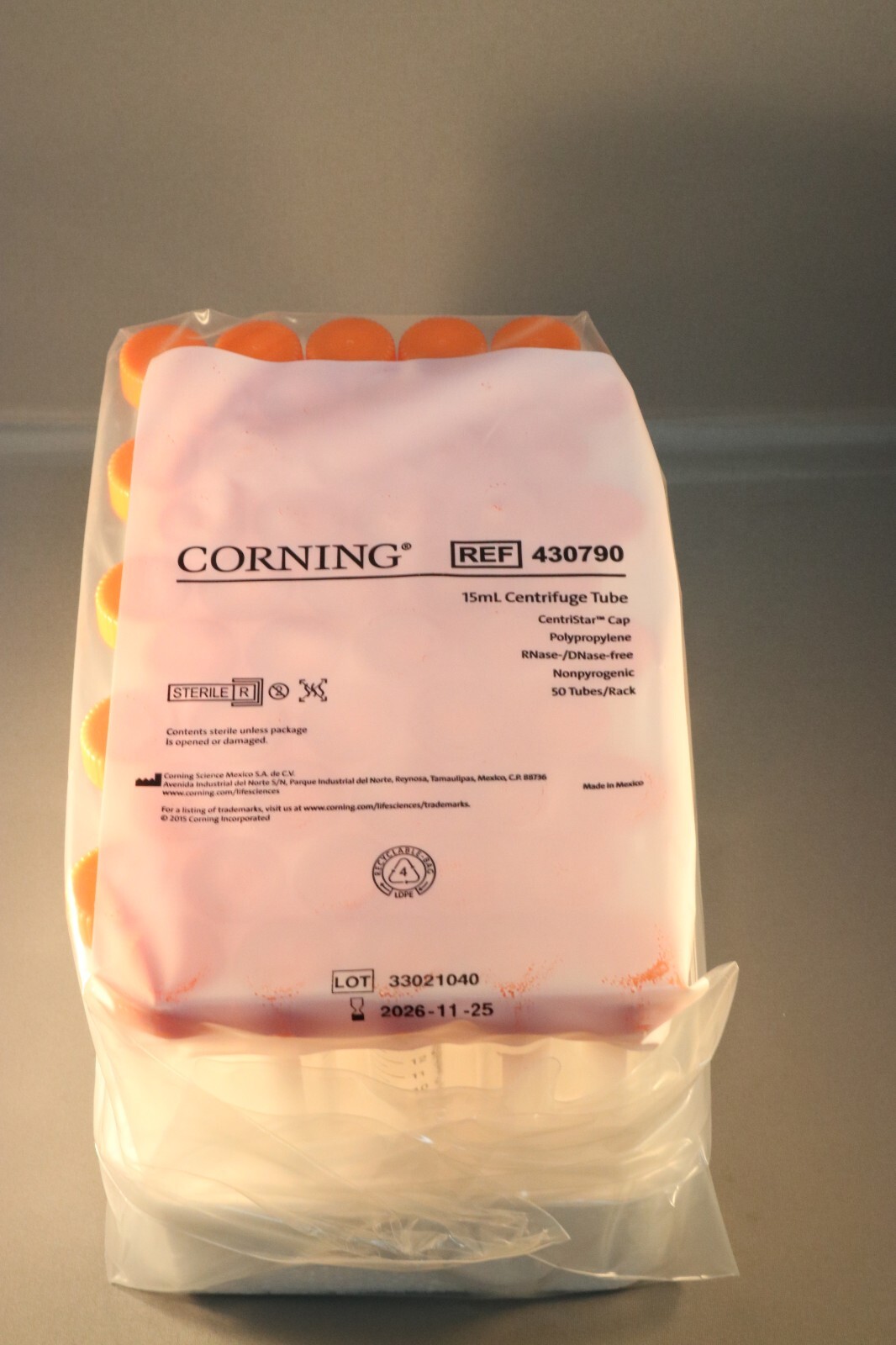 500 Racked Sterile 15mL Centrifuge Tubes & Caps – Corning (EXPIRES: 11-25-2026)