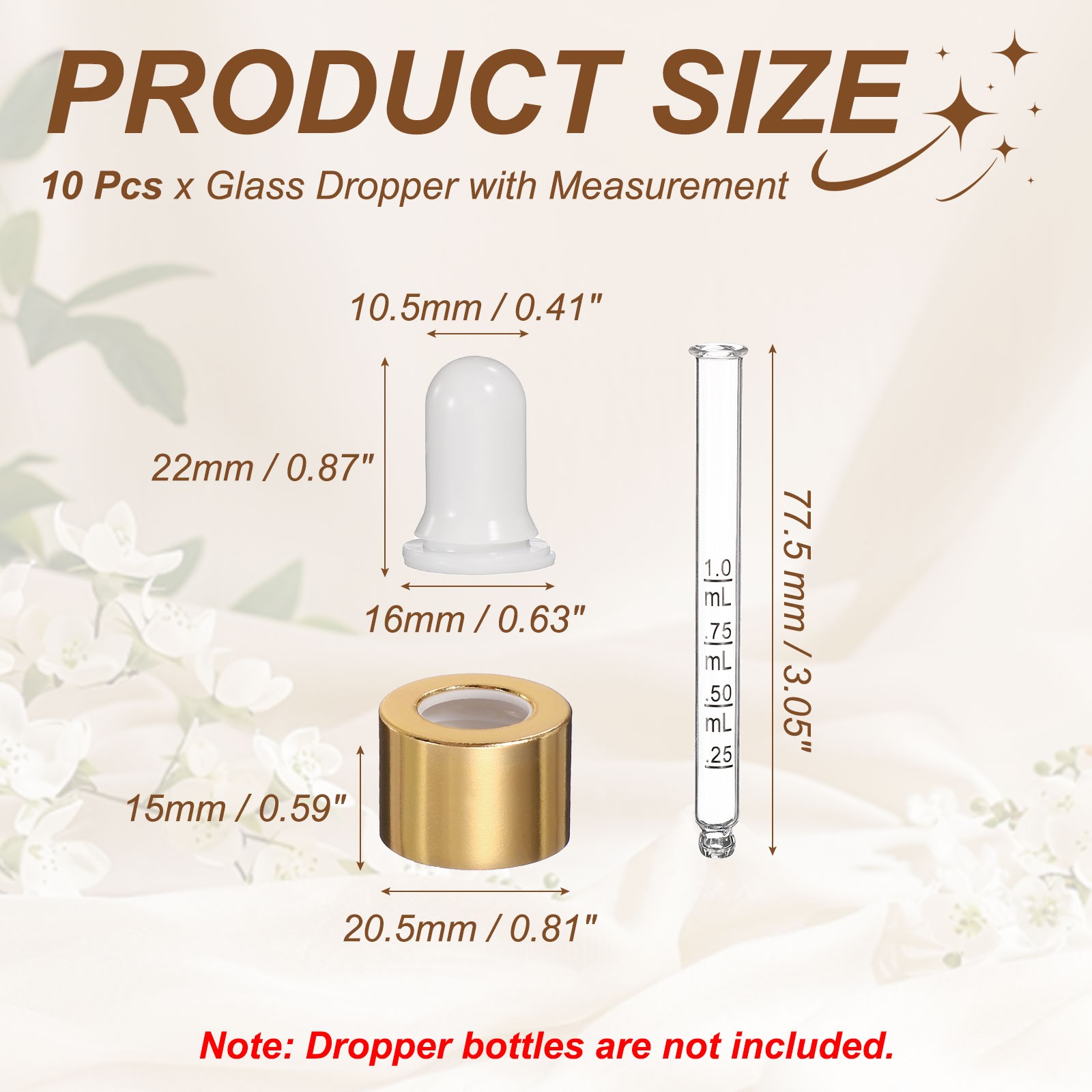 Glass Eye Dropper with Measurement 10Pcs Droppers for 30ml White/Gold Top