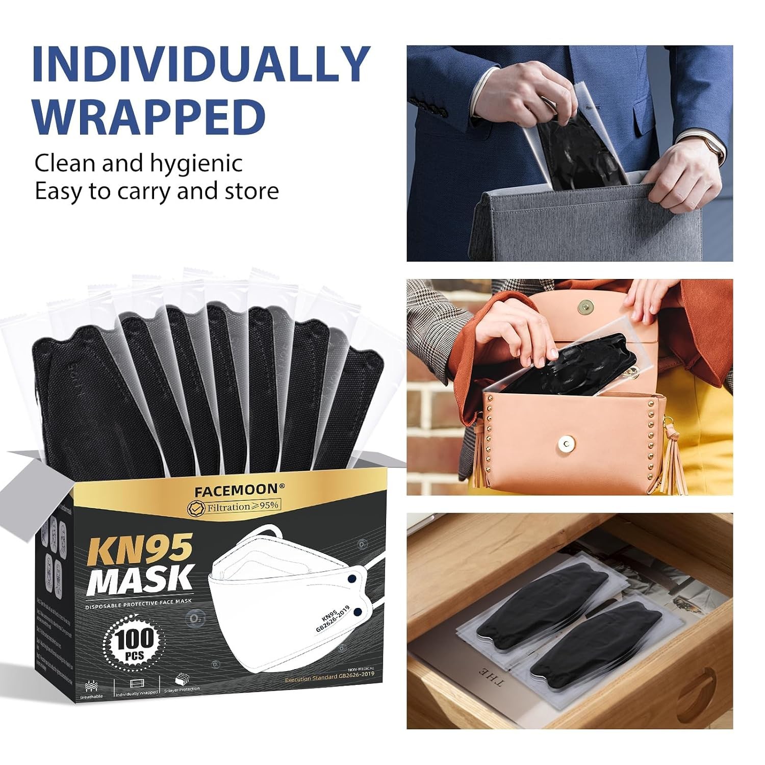 100 Pack KN95 Face Mask Disposable Layer Protection Adjustable For Adults