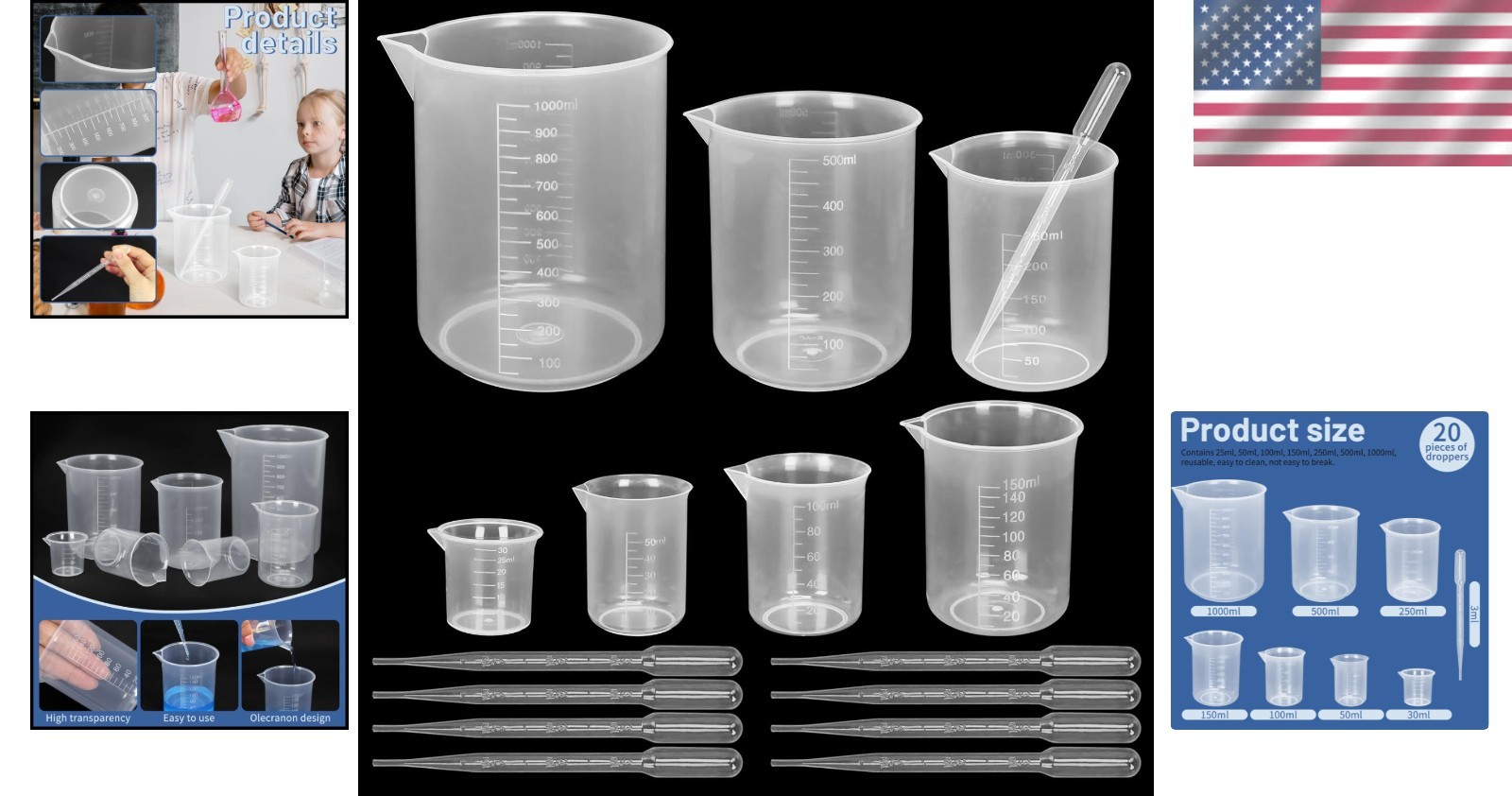 Versatile 7-Piece Clear Measuring Beaker Set (30ml-1000ml) with 20 3ml Droppers