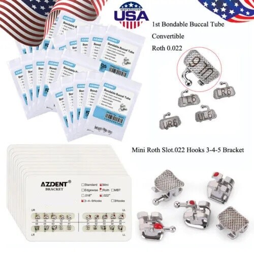AZDENT Orthodontic Brackets Buccal Tube Dental Mini Roth Slot.022 345 Hooks