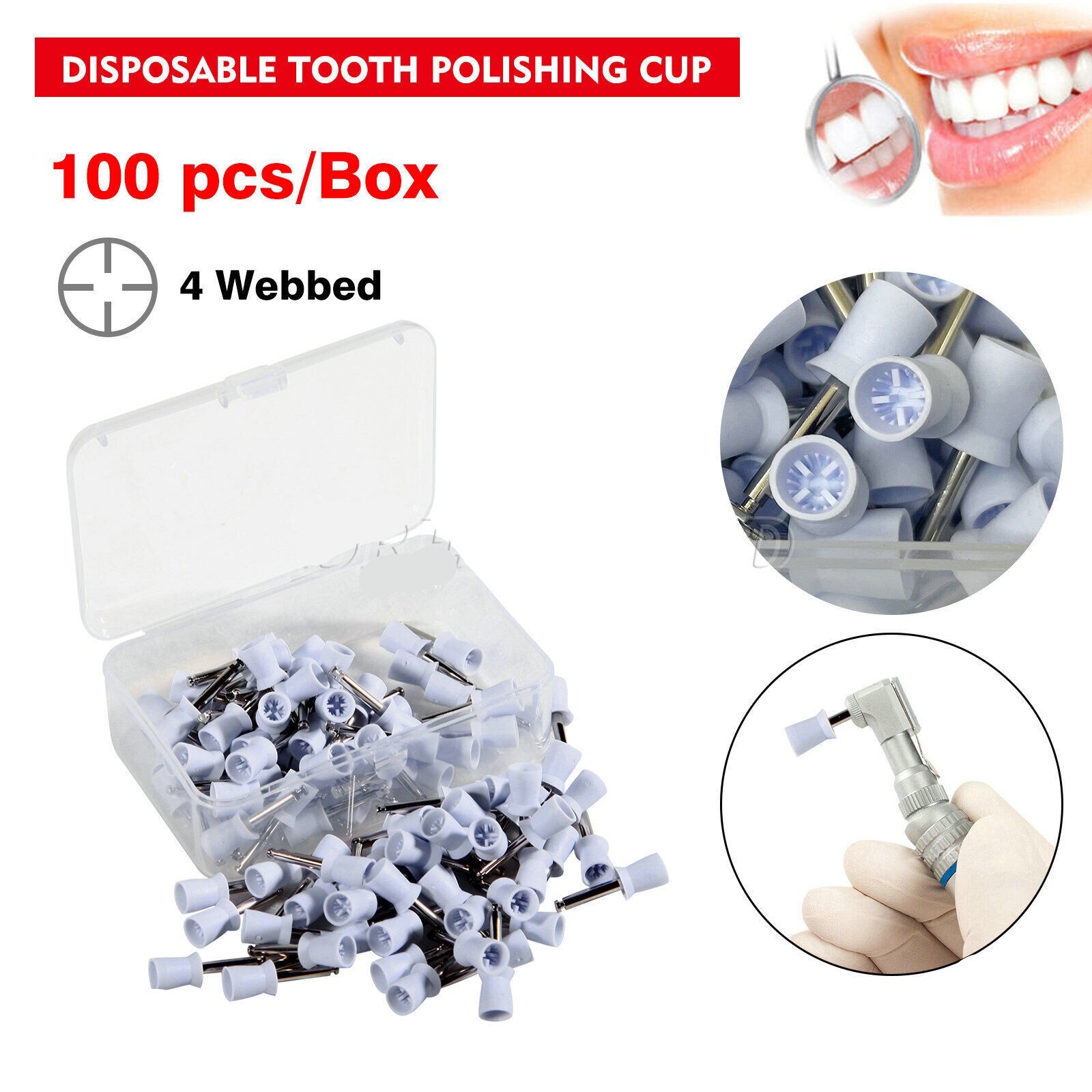 100Pcs Dental Prophy Polishing Cups Rubber Teeth Brush Latch Type White 4 Webbed