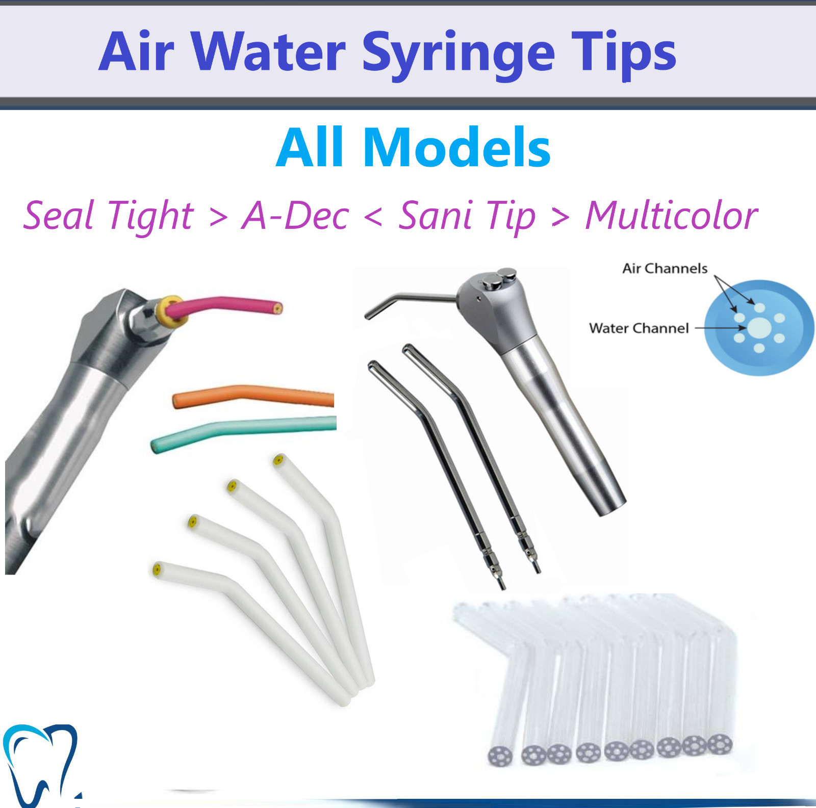 Dental 3 Way Air Water Syringe Tips Sani-Tip, Seal Tight, Adec Metal, All Models