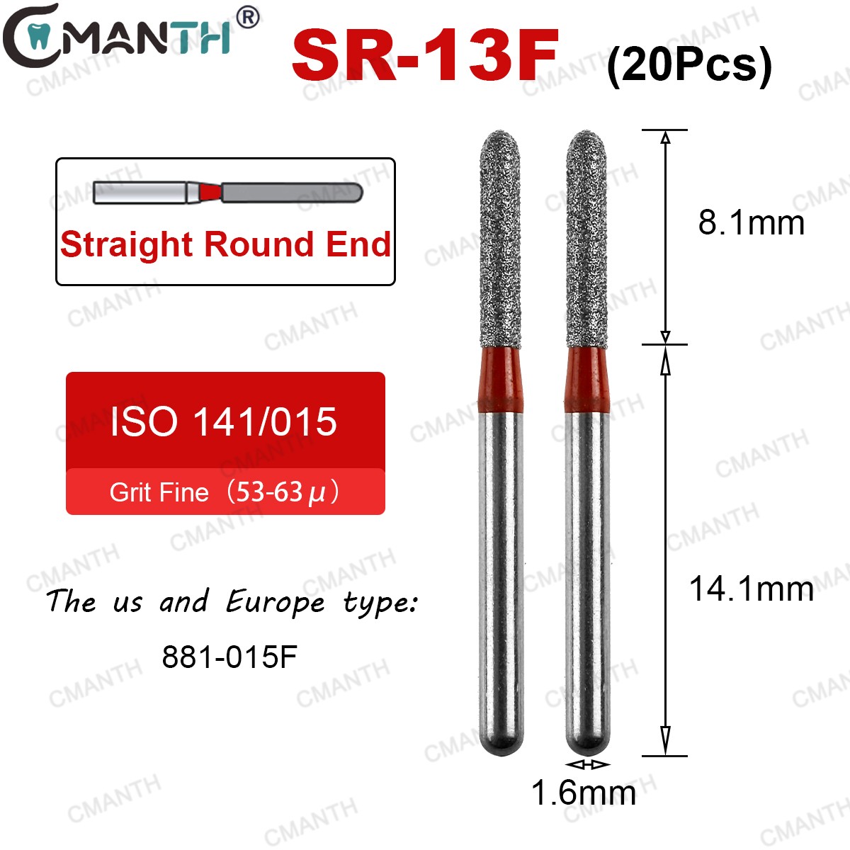 20PCS Dental Diamond Burs High Speed Bur Round End Cylinder 881-015F Fine Grit