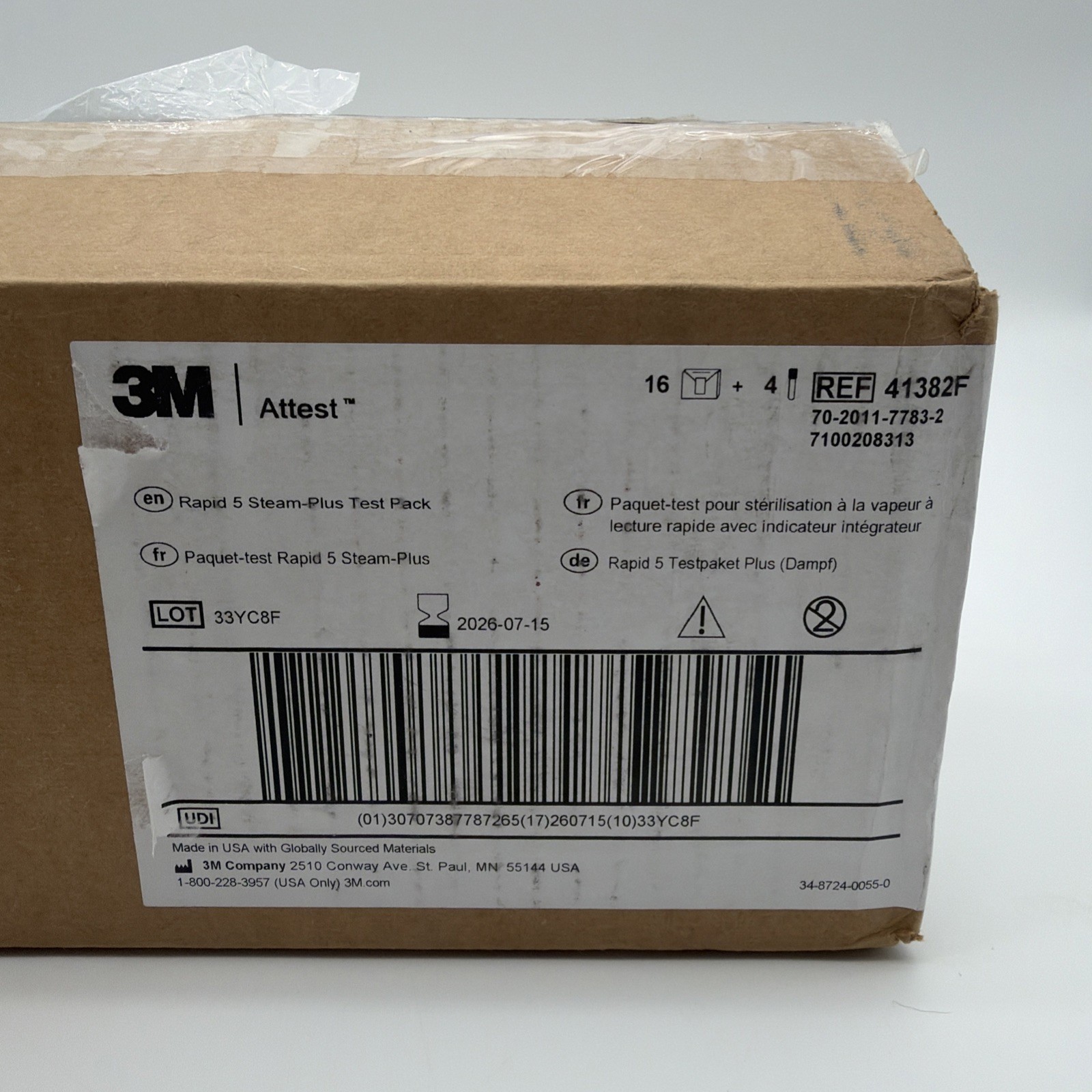 3M Attest 41382F Rapid 5 Steam-Plus Test Pack Box of 16 Exp 07/2026