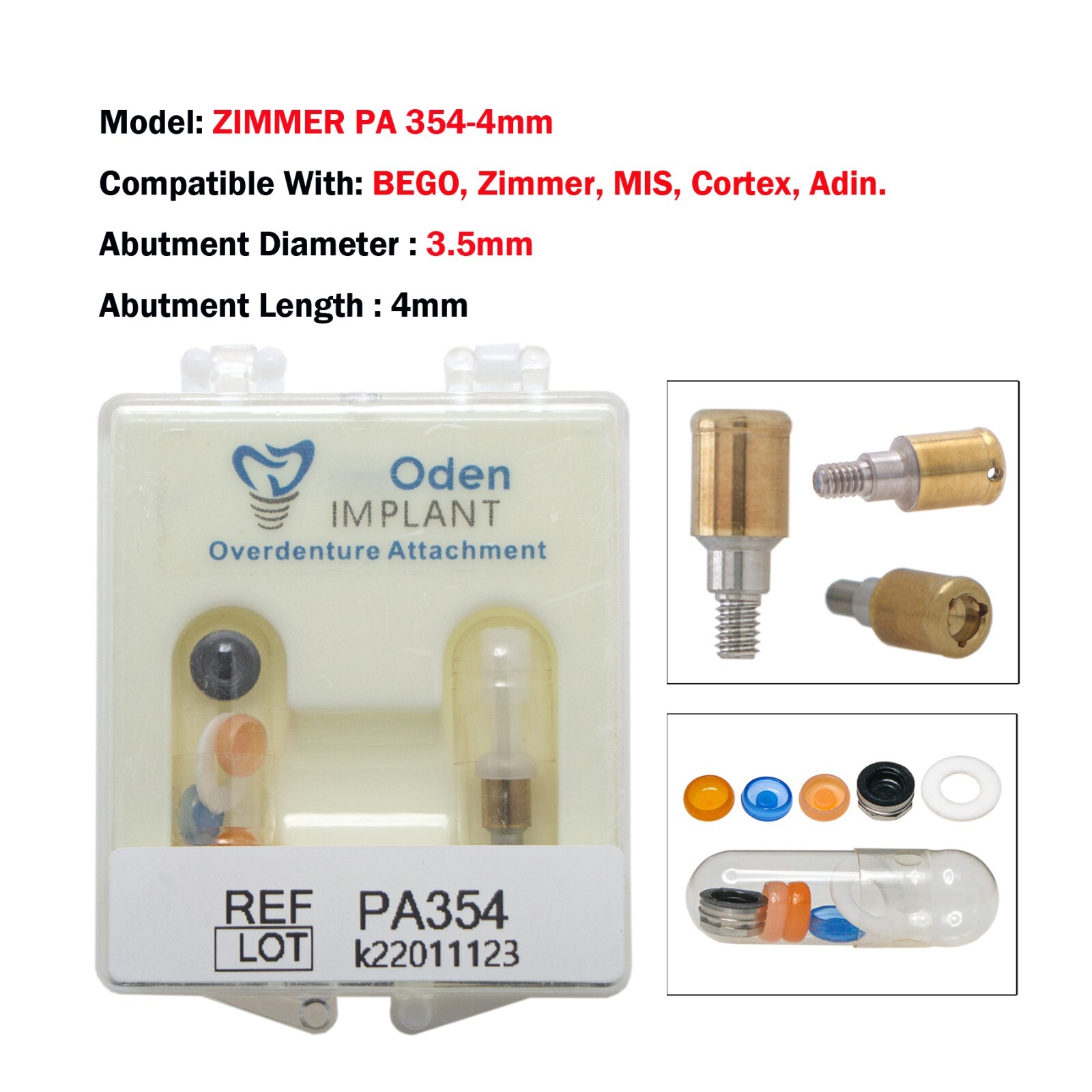 Dental Zimmer MIS Adin PA Ø3.5/4.5mm Abutment & Overdenture Male Caps Removable