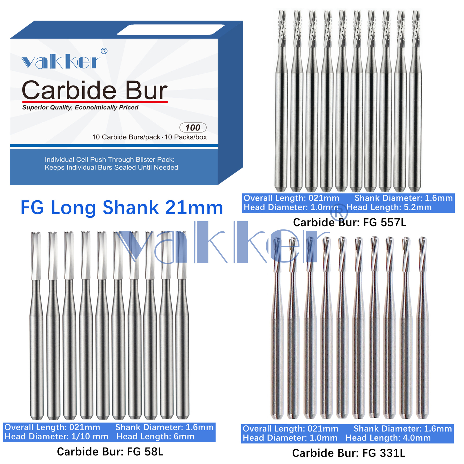 Vakker Dental Tungsten FG Friction Grip Carbide Burs High Speed Long Shank