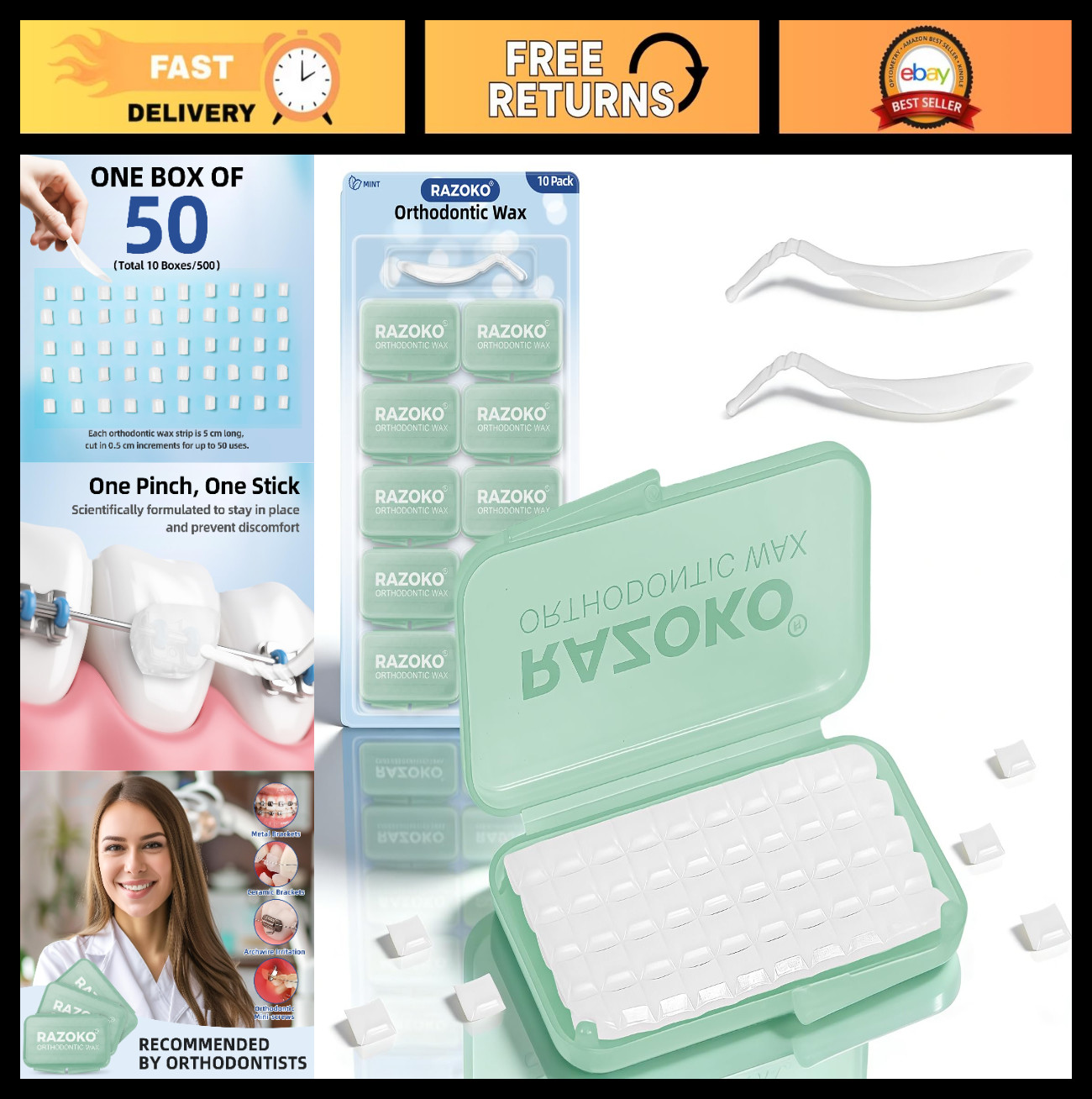 Orthodontic Wax for Braces – Pre-Cut Dental Wax Squares, 500 Count, Mint Flavor,