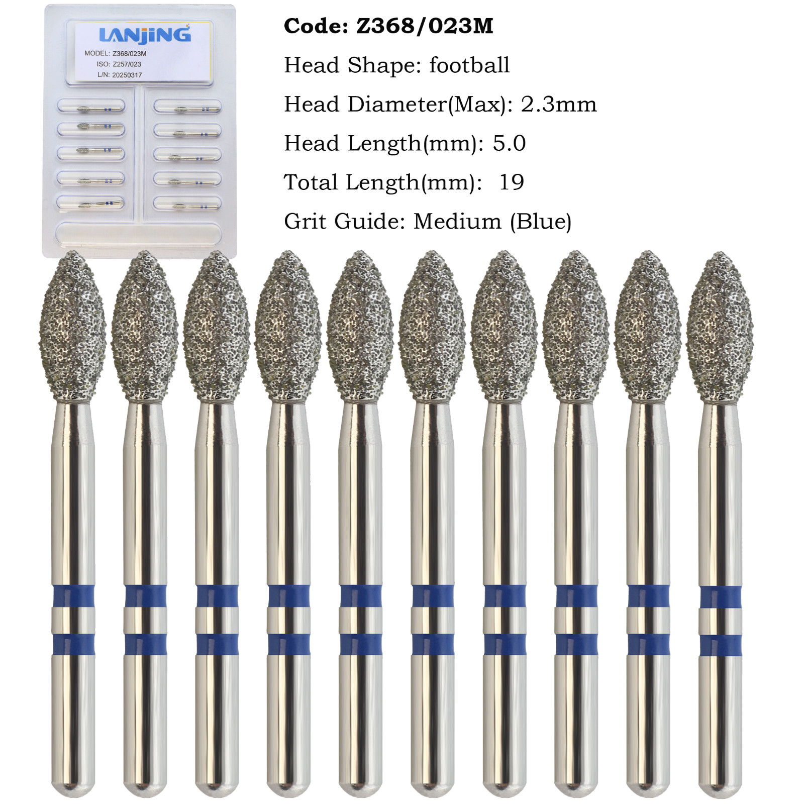 Multi-Use Diamond Burs Zirconia Adjustment FG Egg Football Z368/023M Medium Grit