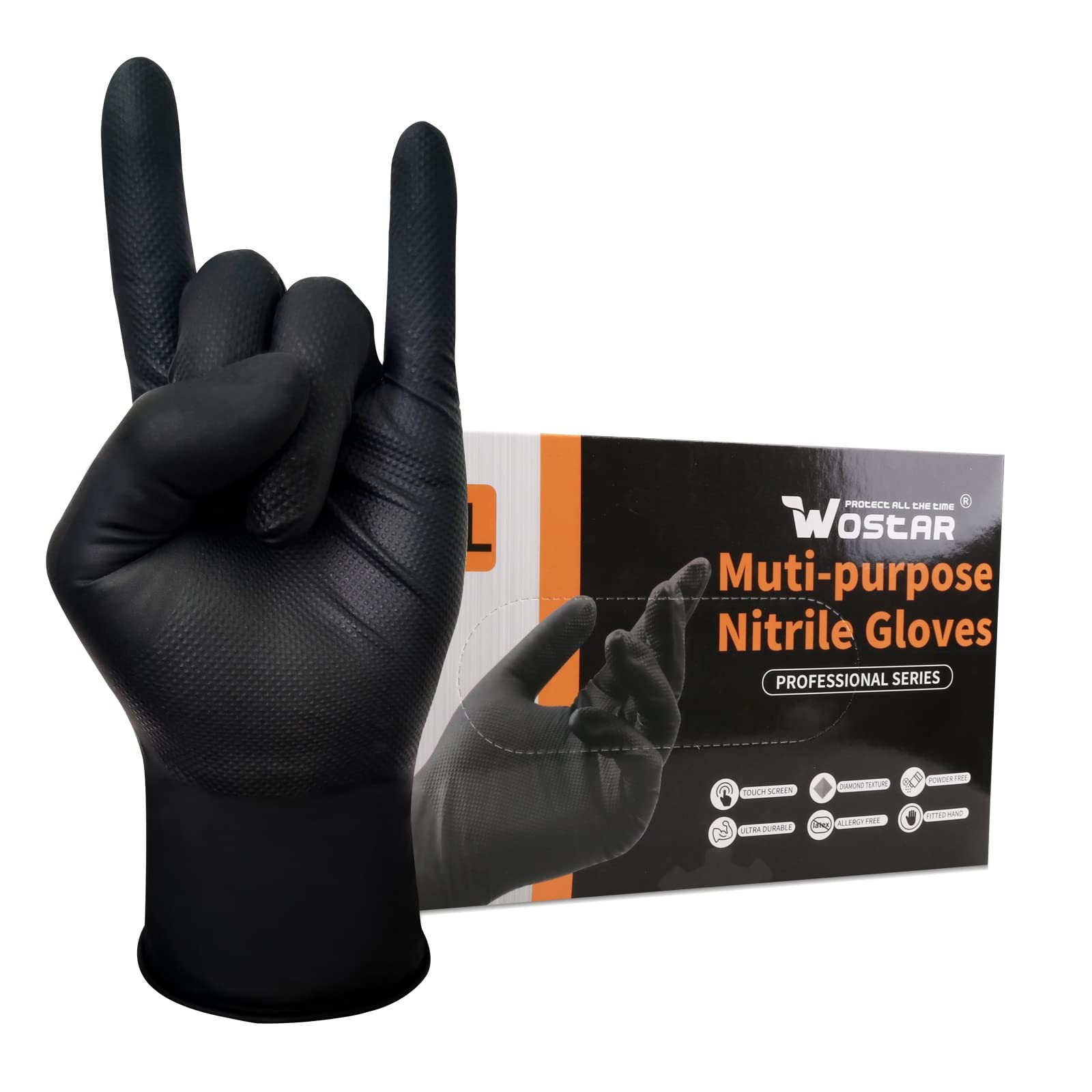 Wostar Black Nitrile Industrial Gloves Large 8 Mil Raised Diamond Texture Lat…