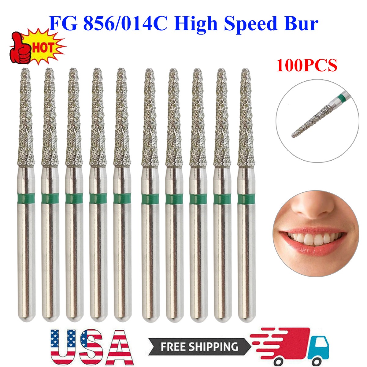 Dental Diamond Burs FG 856/014C Round End Taper High Speed Burr Coarse Grit 100x