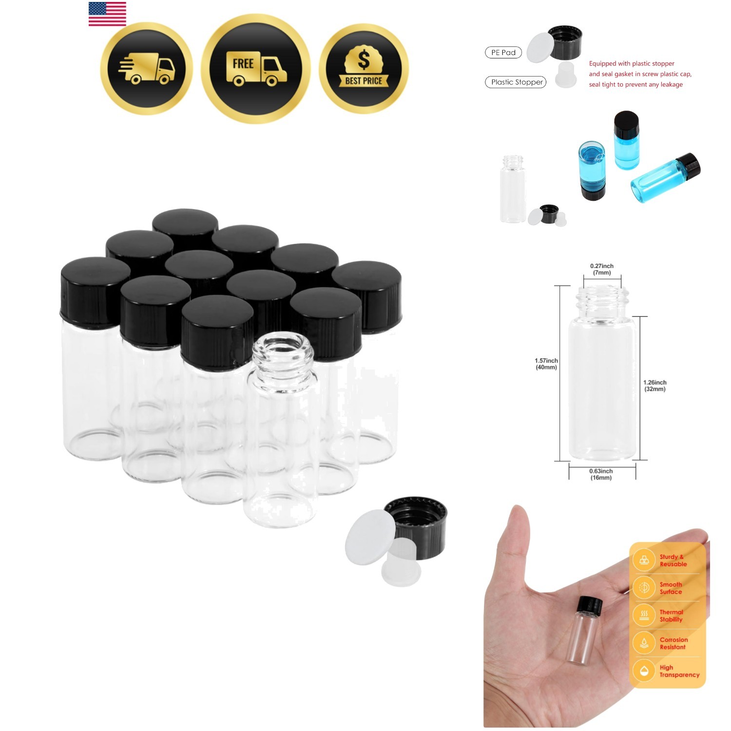 4ml Clear Glass Vials with Screw Caps and Plastic Stoppers, 1 Dram Small Liqu…