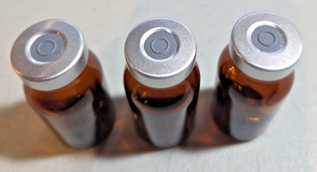 THREE 10ml AMBER EMPTY sterile capped serum vials