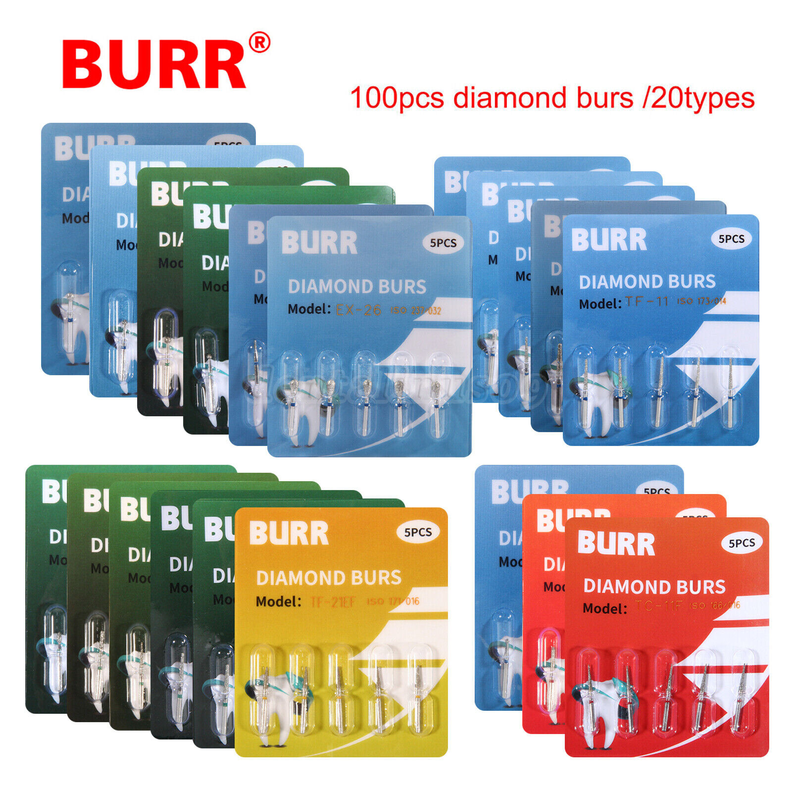 20 Boxes Dental Diamond Burs For High Speed Handpiece FG 1.6MM 20 Types 100pcs d
