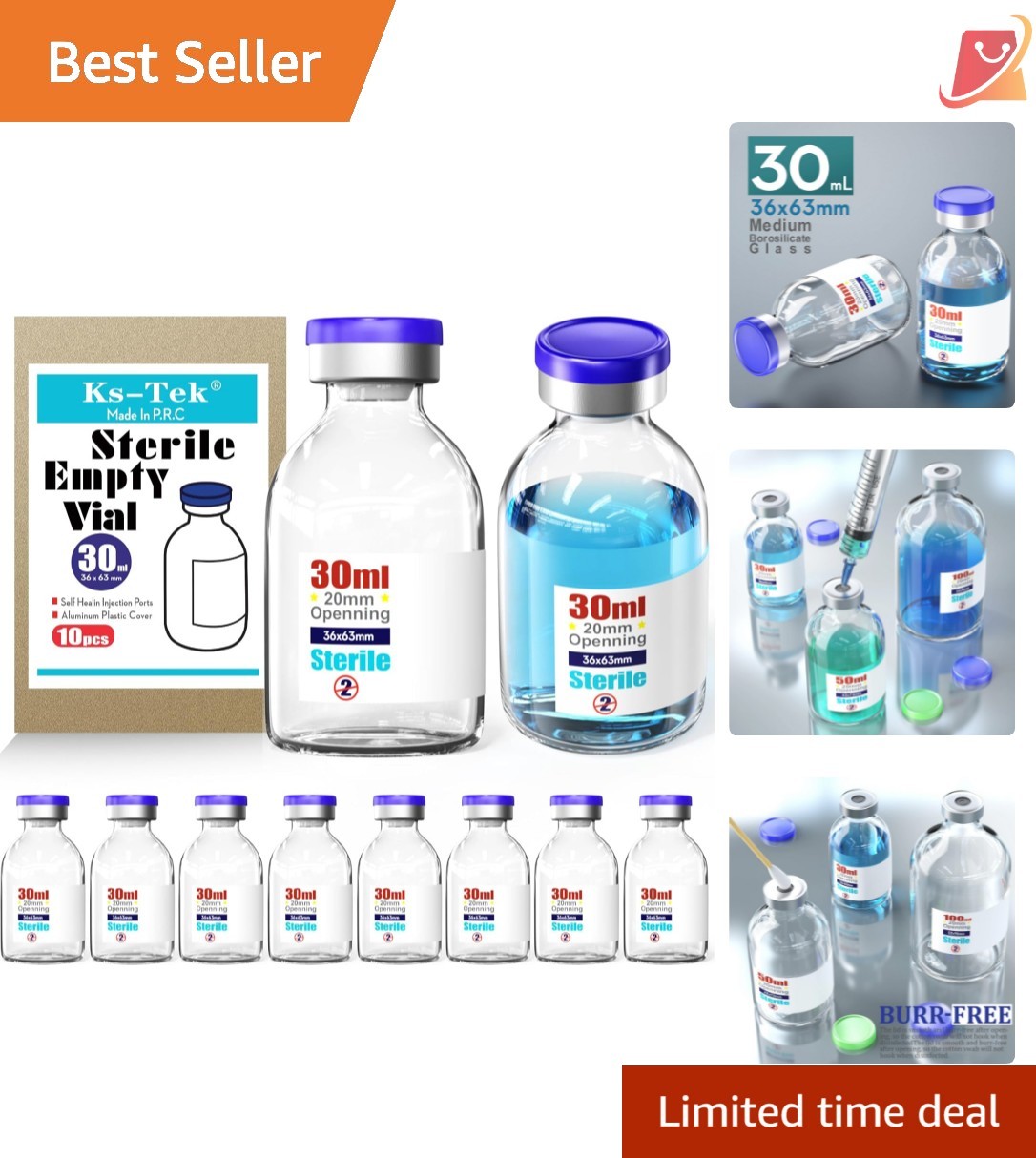 Sterile Glass Vials with Aluminum Cap 30ml Laboratory Use 10 Pack