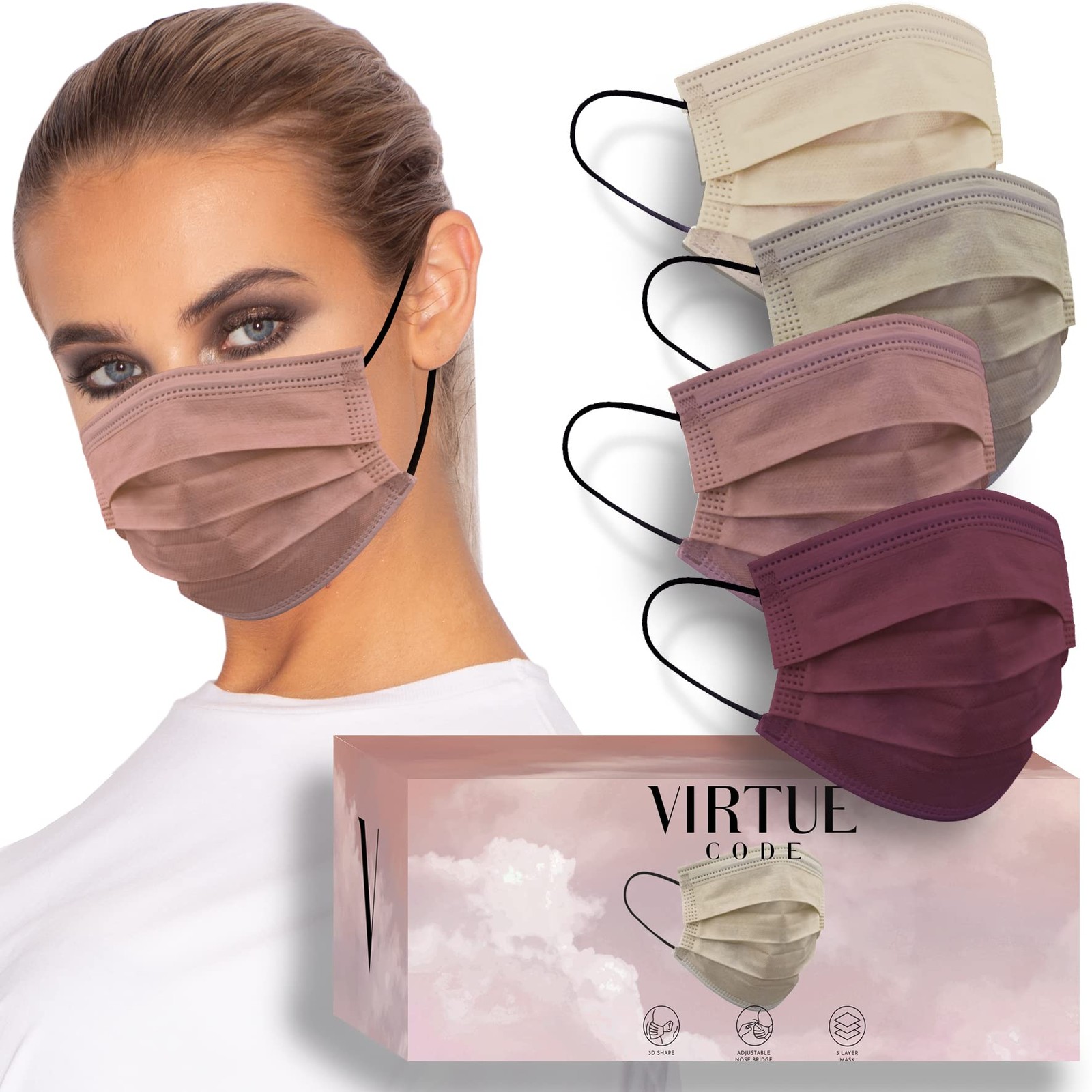 VIRTUE CODE Support Face Masks – Soft 3 Ply 50 Count (Pack of 1), Earth Tones