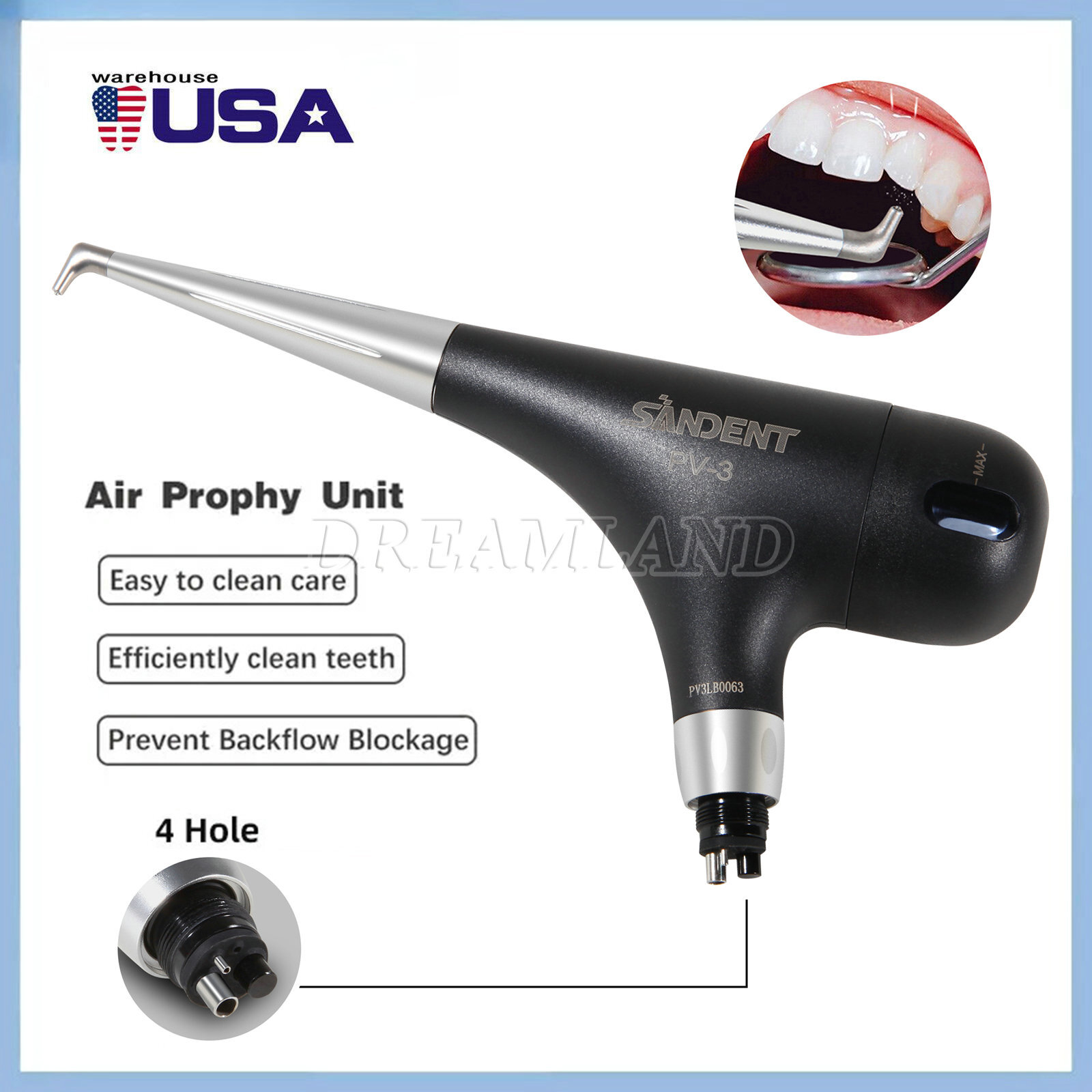 Dental 4 Hole Air Prophy Flow Teeth Polishing Polisher Handpiece Hygiene PV3 BLA