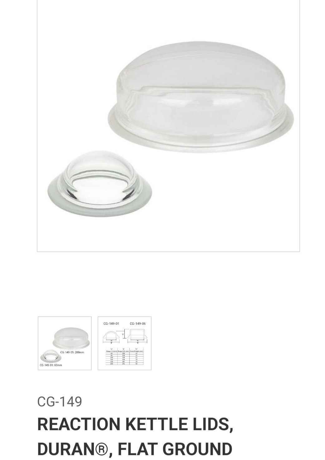 Reaction Kettle Lid Duran® ChemGlass Flat Ground Lid ID 80mm New CG-149-06