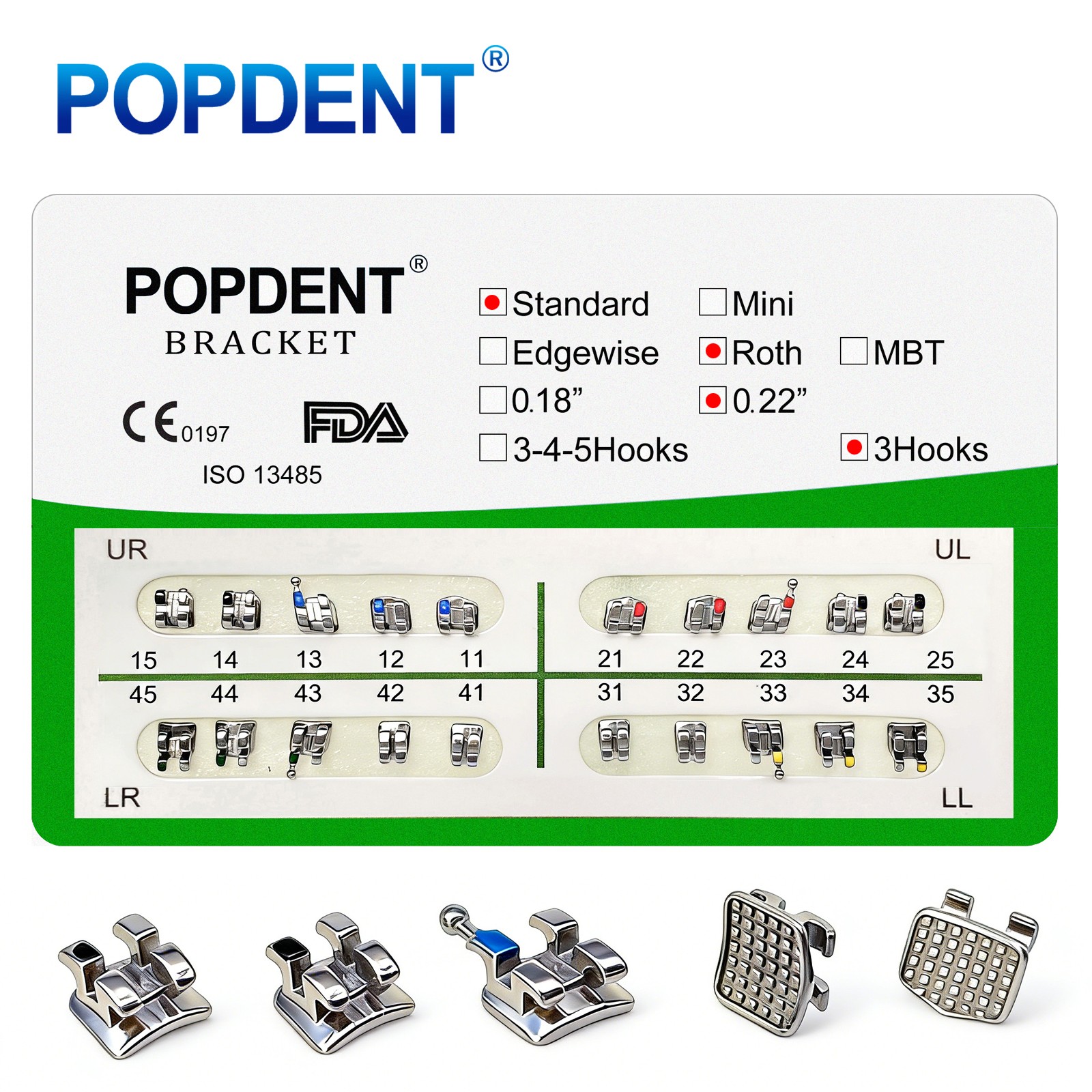 POPDENT Dental Orthodontic Metal Brackets MIM MBT/ROTH 022/018 345H Monoblock