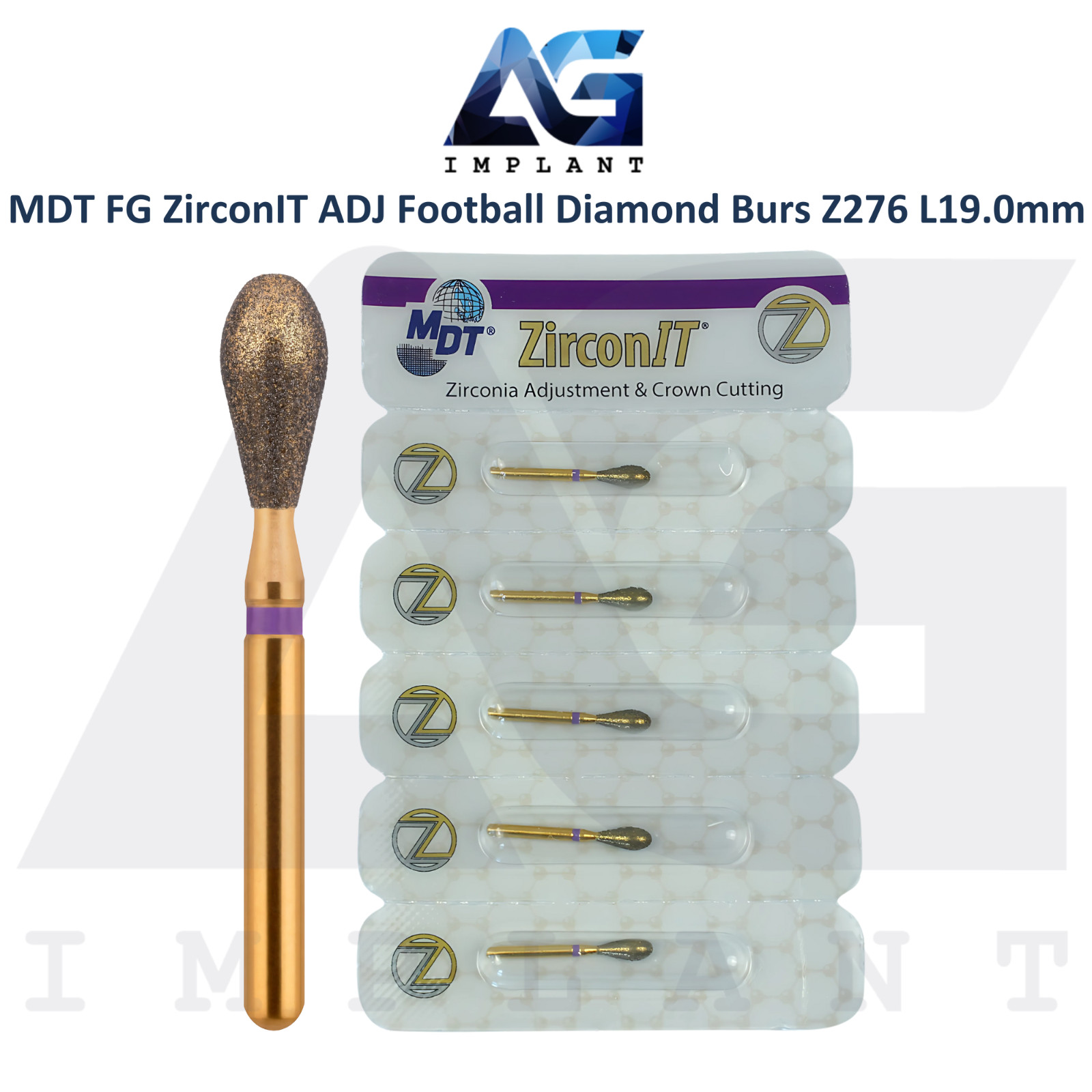 MDT Dental FG ZirconIT ADJ Football Diamond Bur Z276 L19.0mm Ø3.1mmX6.2mm