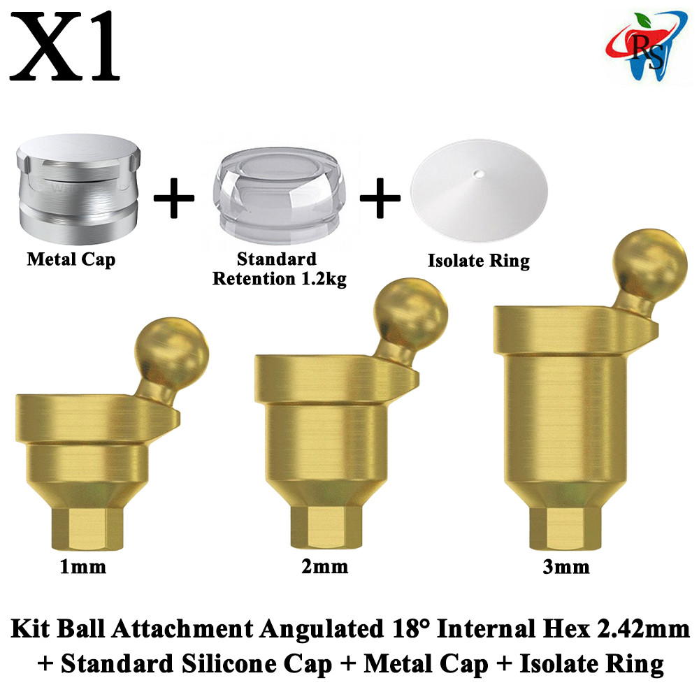 1x Kit Angulated 18° Ball Attachment Standard Silicone Metal Cap Isolate Ring