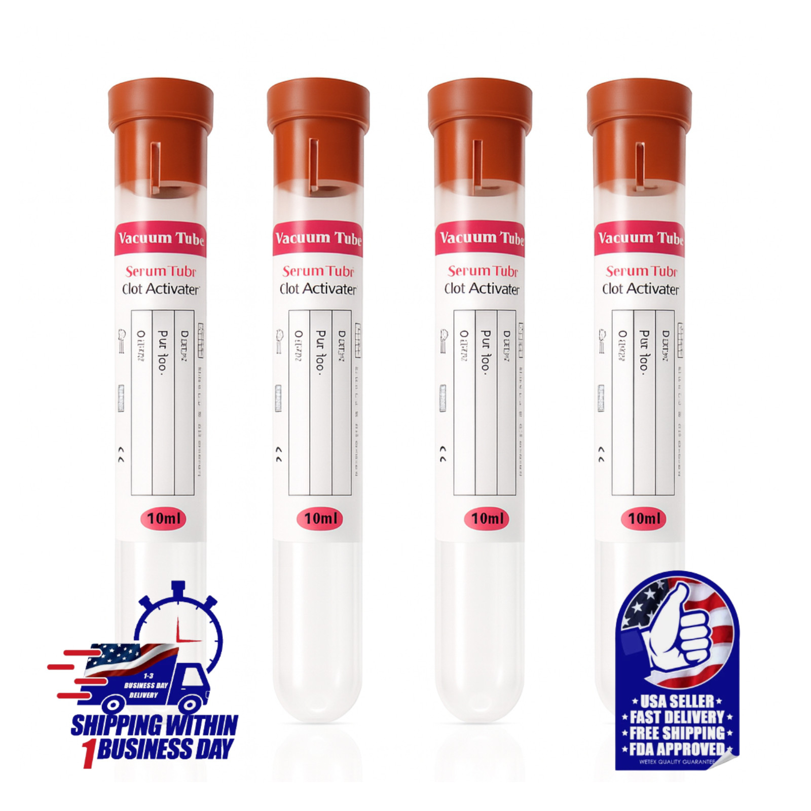 RED VACUUM BLOOD COLLECTION SERUM TUBE CLOT ACTIVATOR 10mL 16x100mm EXP 10/2028