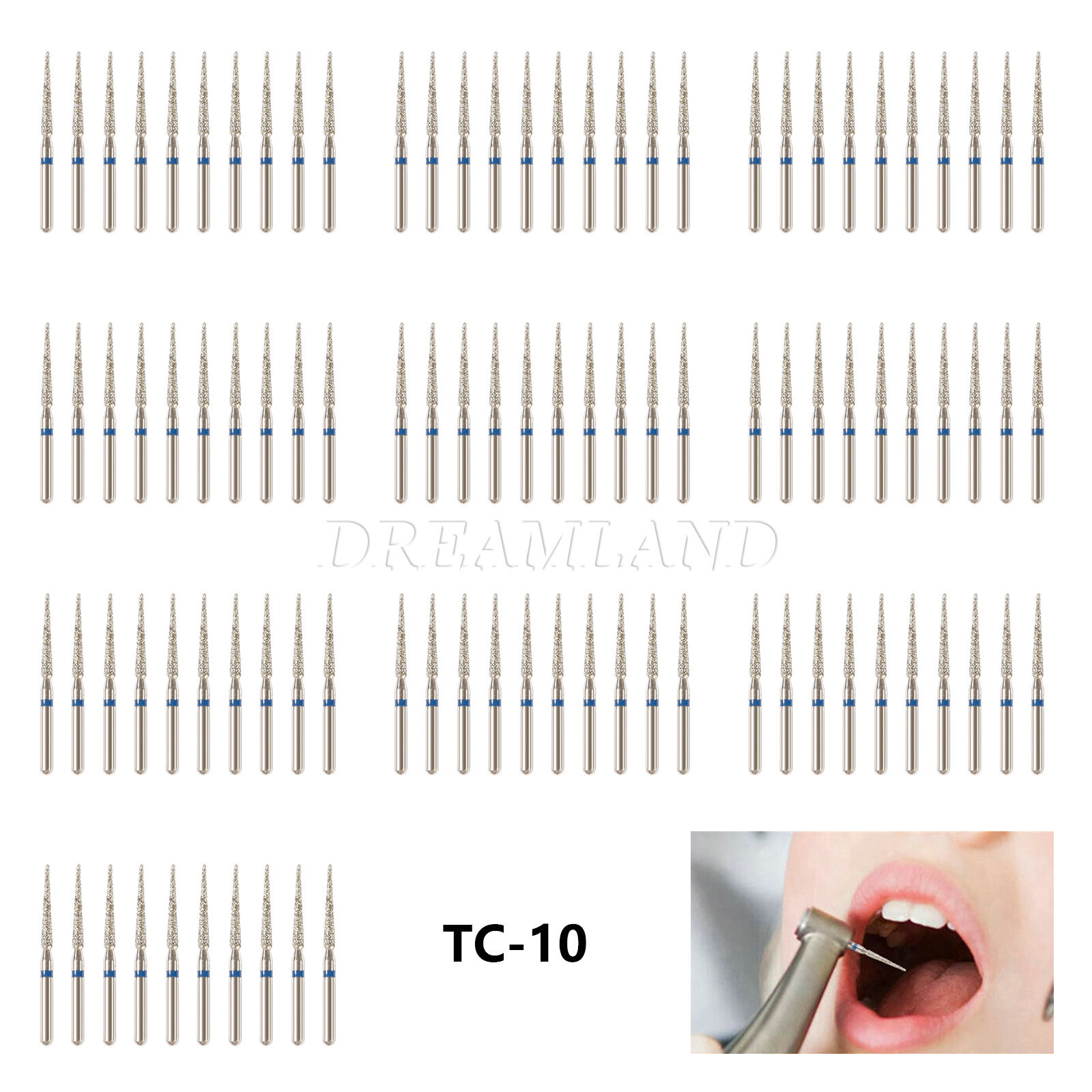 100 PCS TC-10 859-012 Taper Conical End Blue Medium Grit FG Sale Diamond Burs