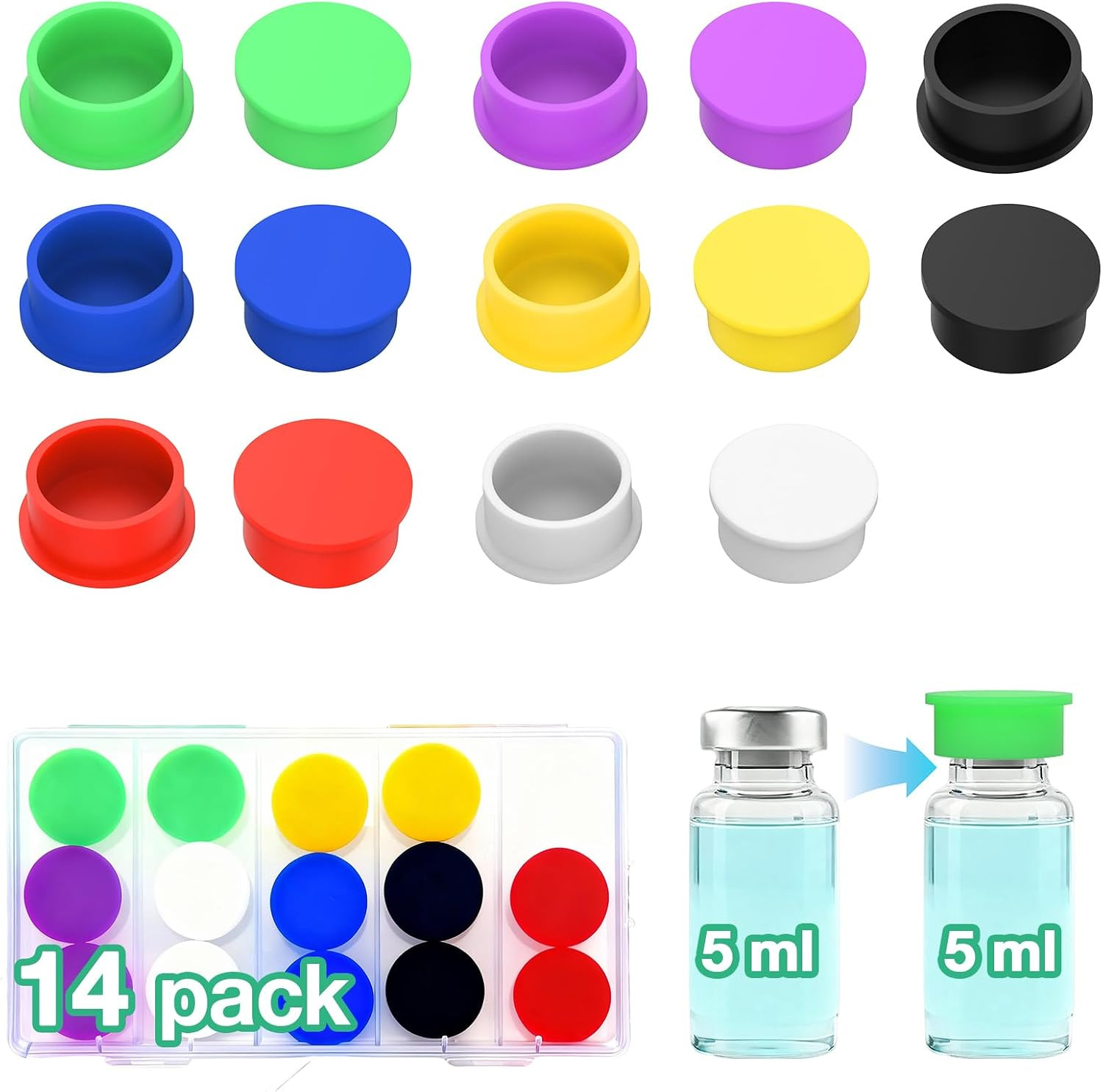 5Ml Silicone Peptide Vial Caps, 14 Pcs Reusable Protective Covers Fits 5Ml 10Ml