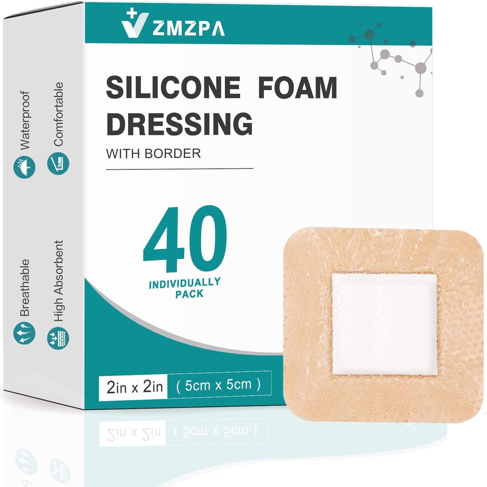 40 Pcs Silicone Foam Dressing 2×2 Gentle 2»x2» (40 Packs), Complexion