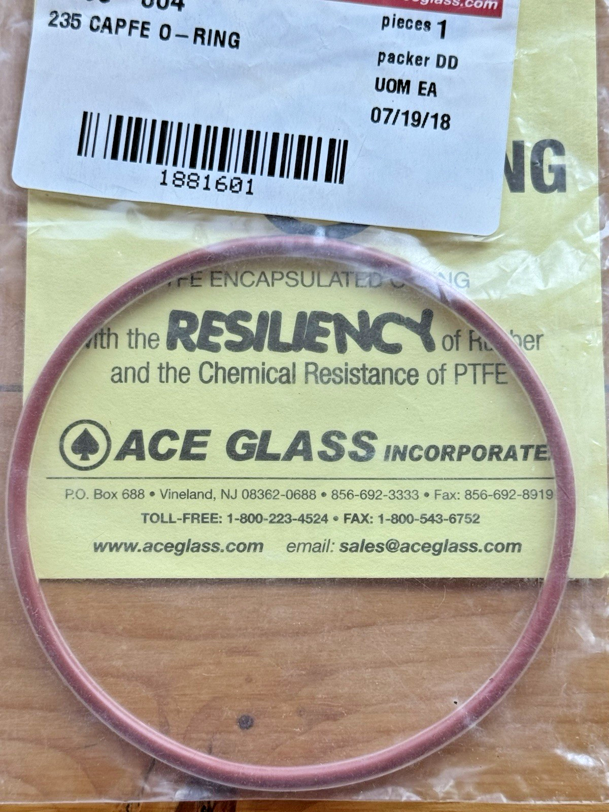 ACE GLASS CAPFE O-Ring Size-235 7855-864 PTFE Encapsulated