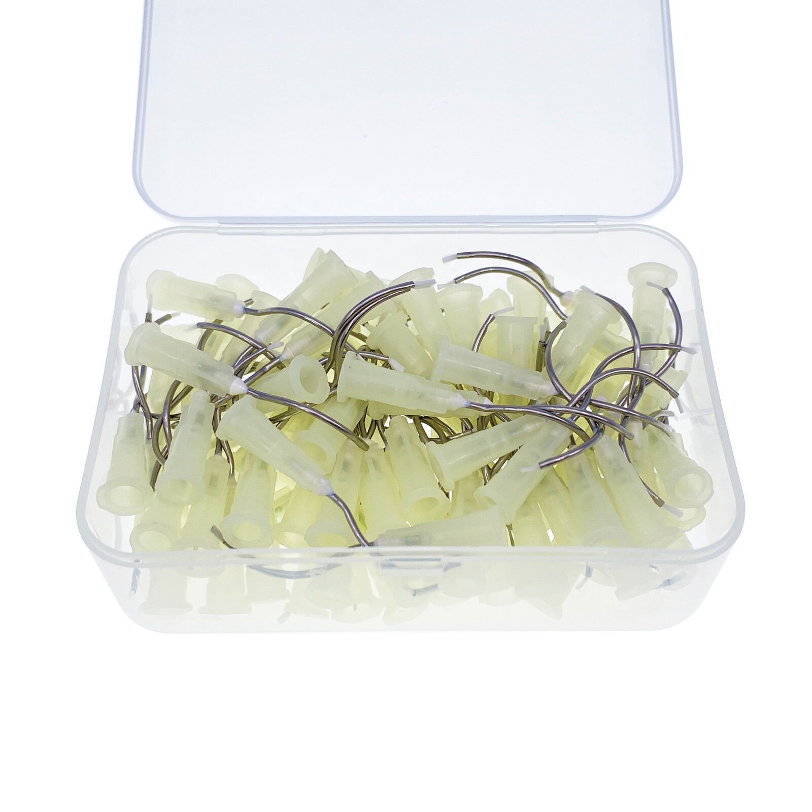100pcs Dental Delivery Tips Pre bent Needle Tip with Brush Padded End Yellow 19G