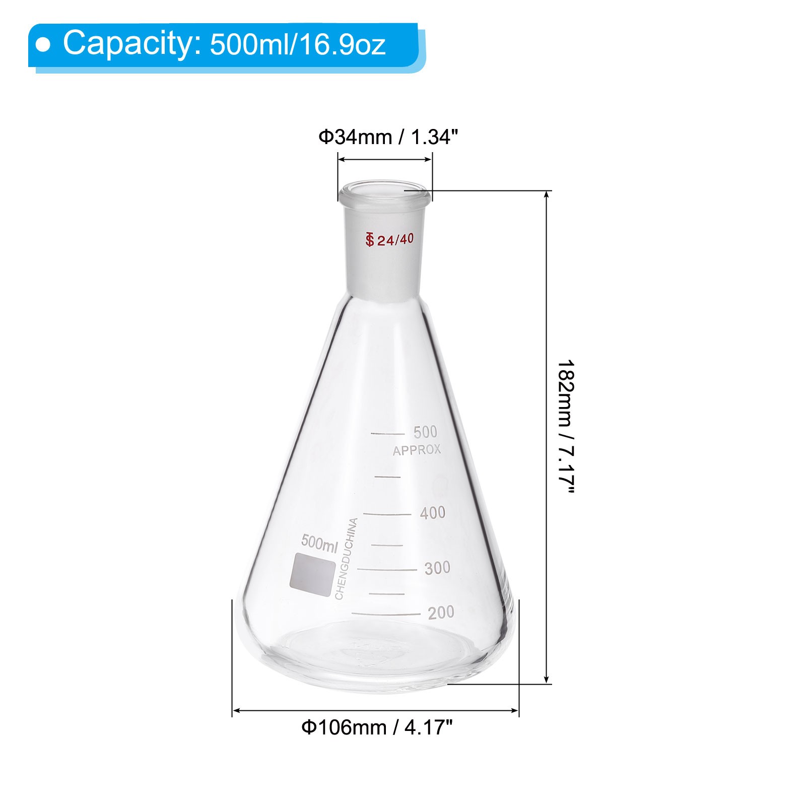 24/40 Erlenmeyer Flask, 500ml/16.9oz with 24/40 Standard Taper Outer Joint
