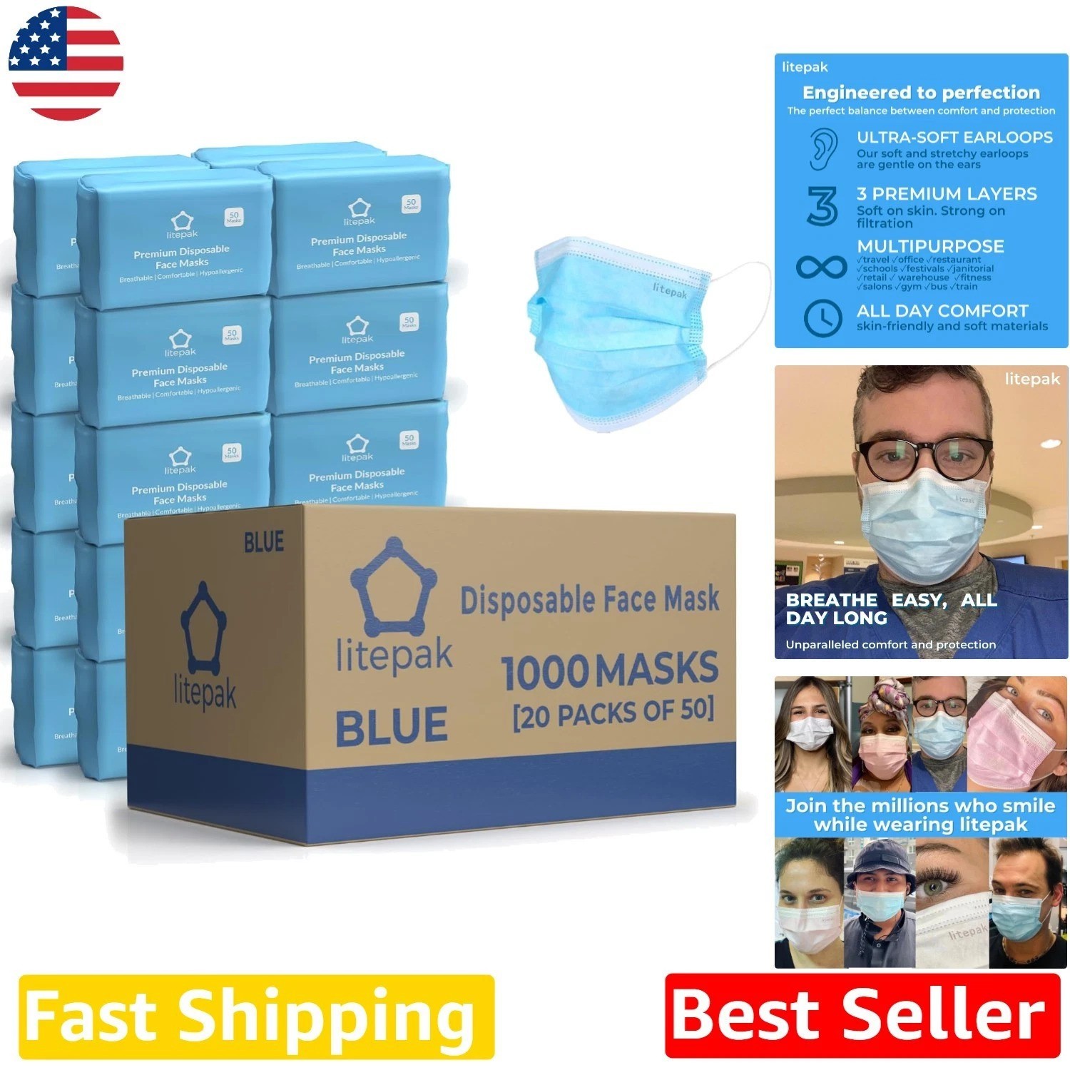 Bulk 1000 Disposable Face Masks Blue – Lightweight, Sturdy Earloop, Nose Wire