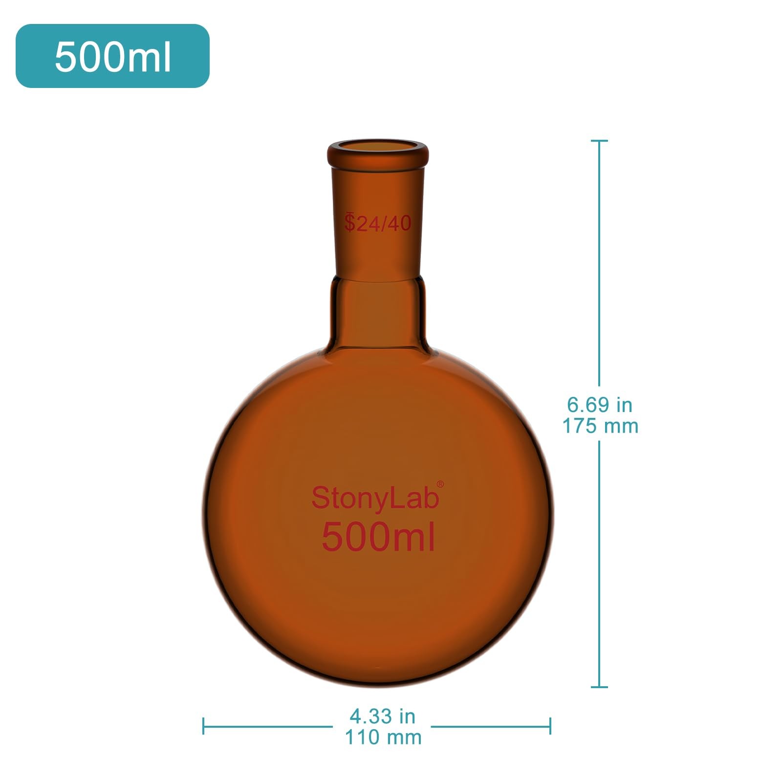 Brown Round Bottom Flask with Single Neck, 24/40 Standard Taper Joint, Labora…